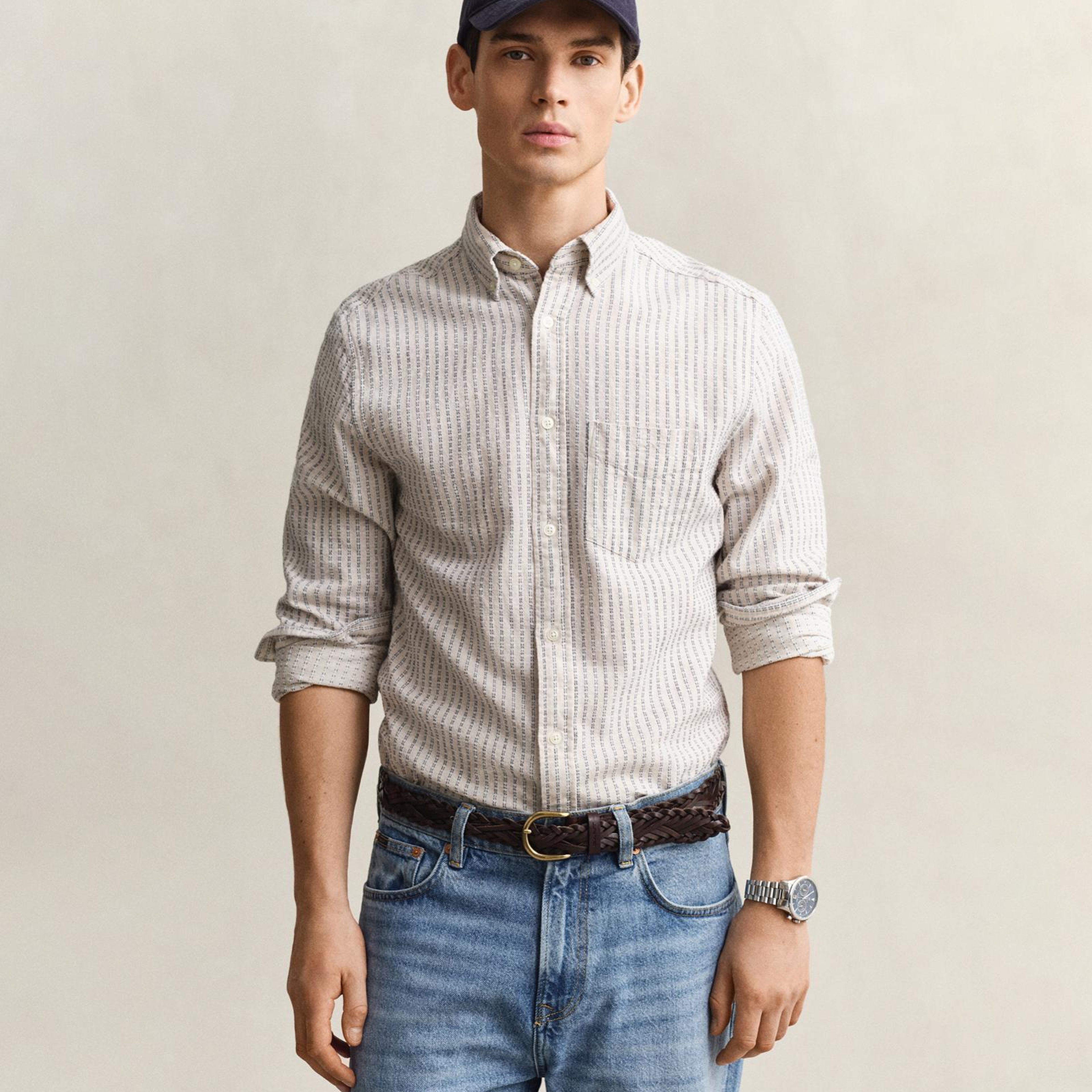 GANT Erkek Krem Regular Fit Çizgili Gömlek
