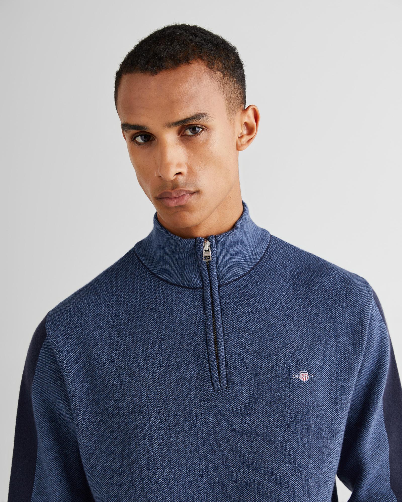 GANT Erkek Lacivert Relaxed Fit Yarım Fermuarlı Renk Bloklu Kazak