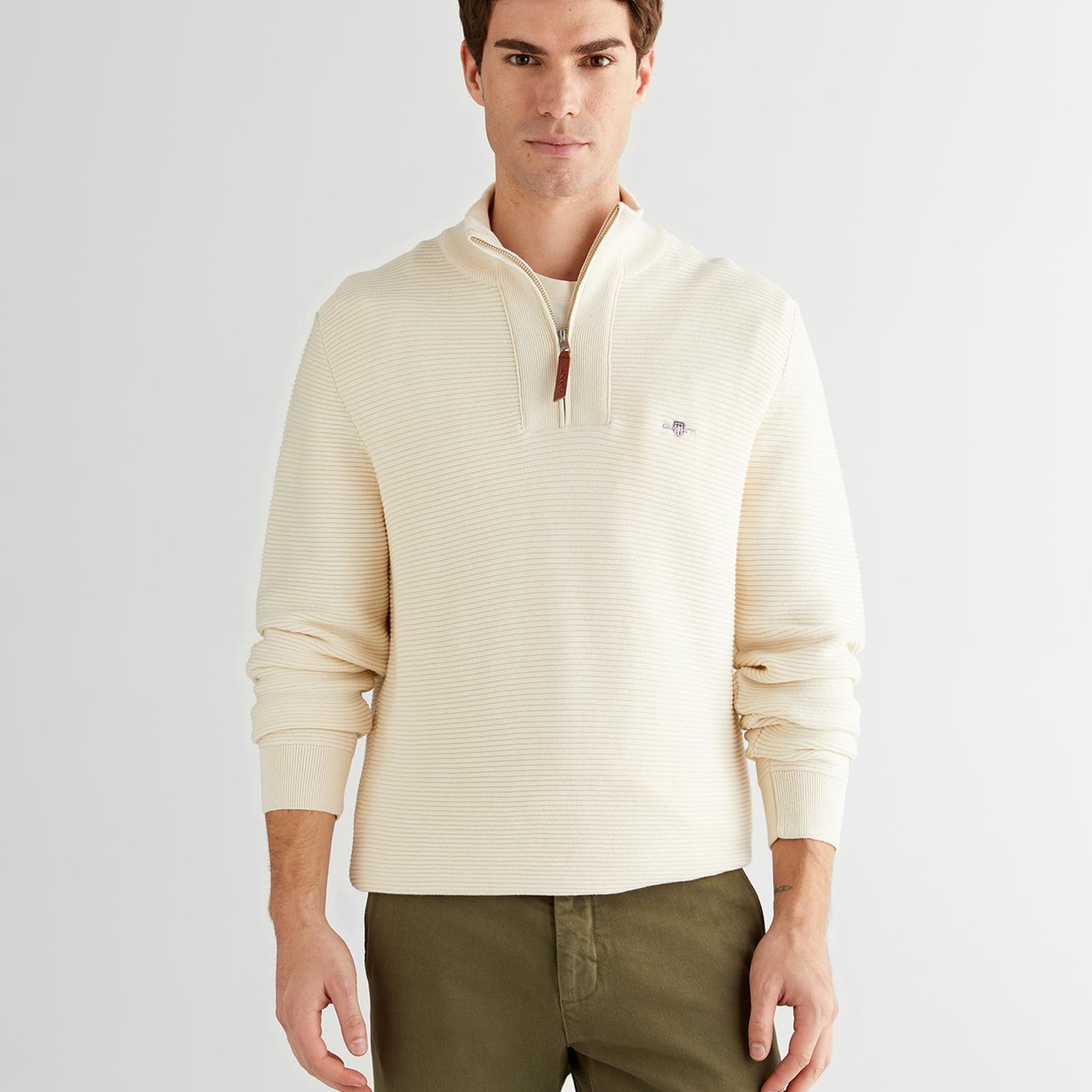 GANT Erkek Krem Regular Fit Yarım Fermuarlı Triko