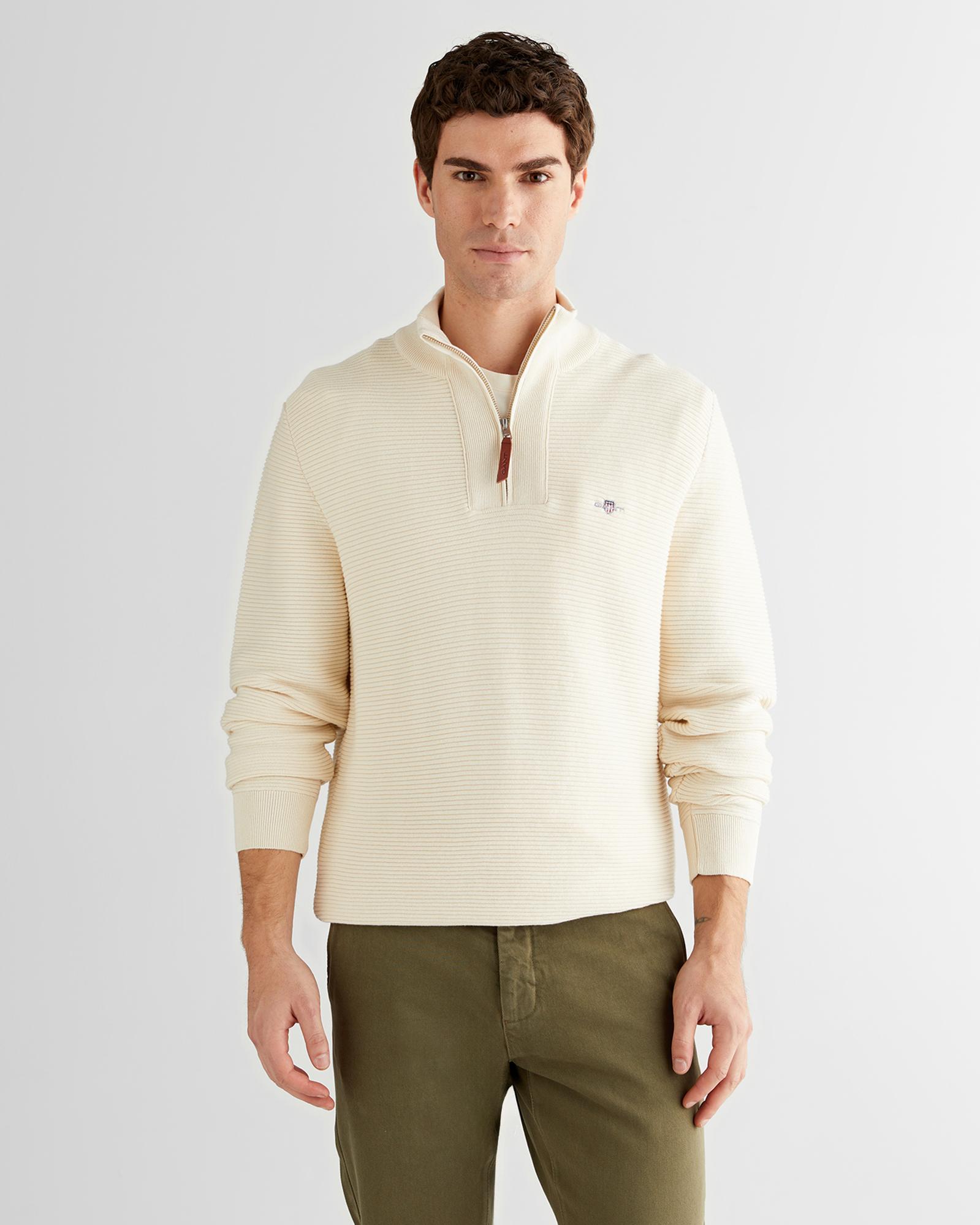 GANT Erkek Krem Regular Fit Yarım Fermuarlı Triko