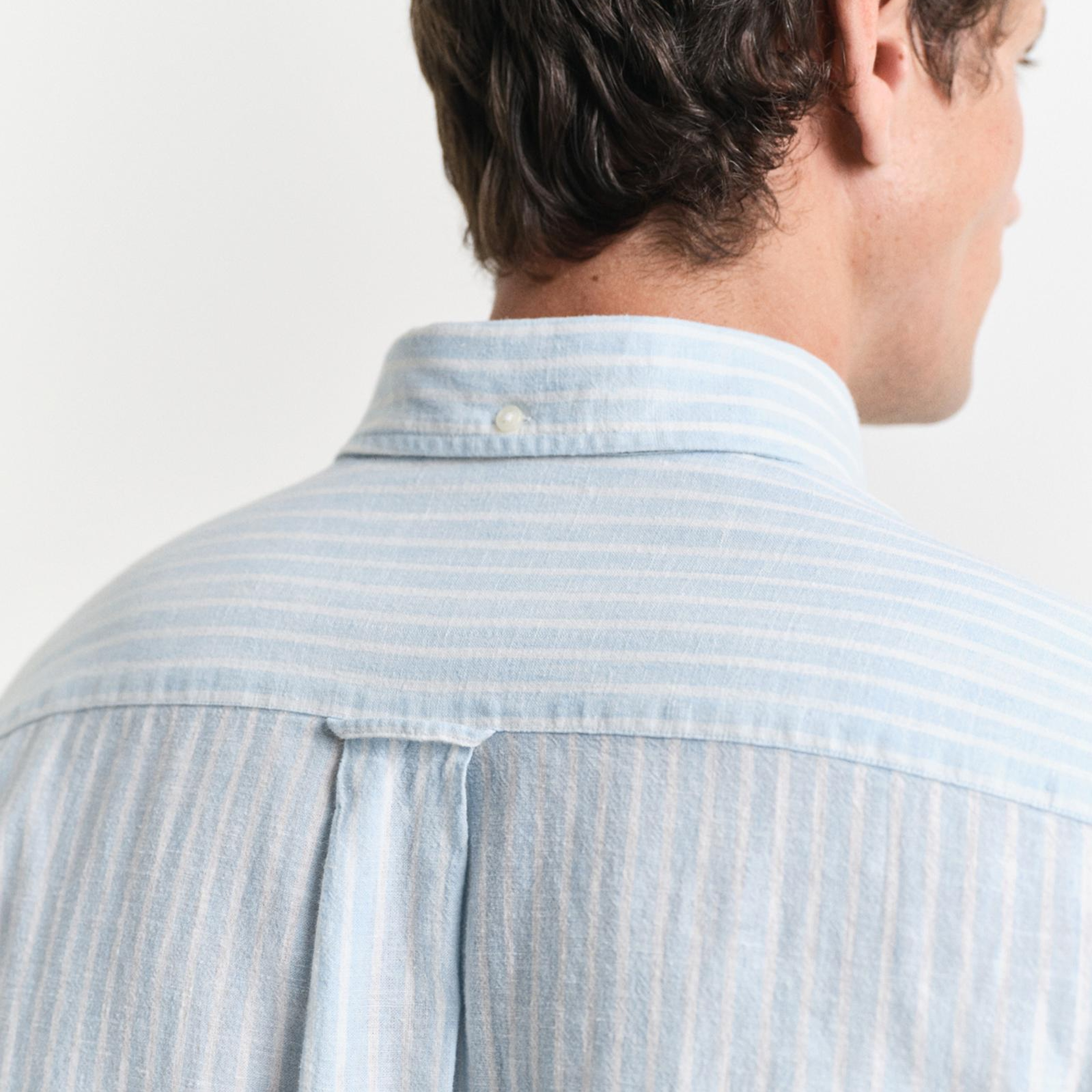 GANT Erkek Mavi Regular Fit Düğmeli Yaka Çizgili Keten Gömlek
