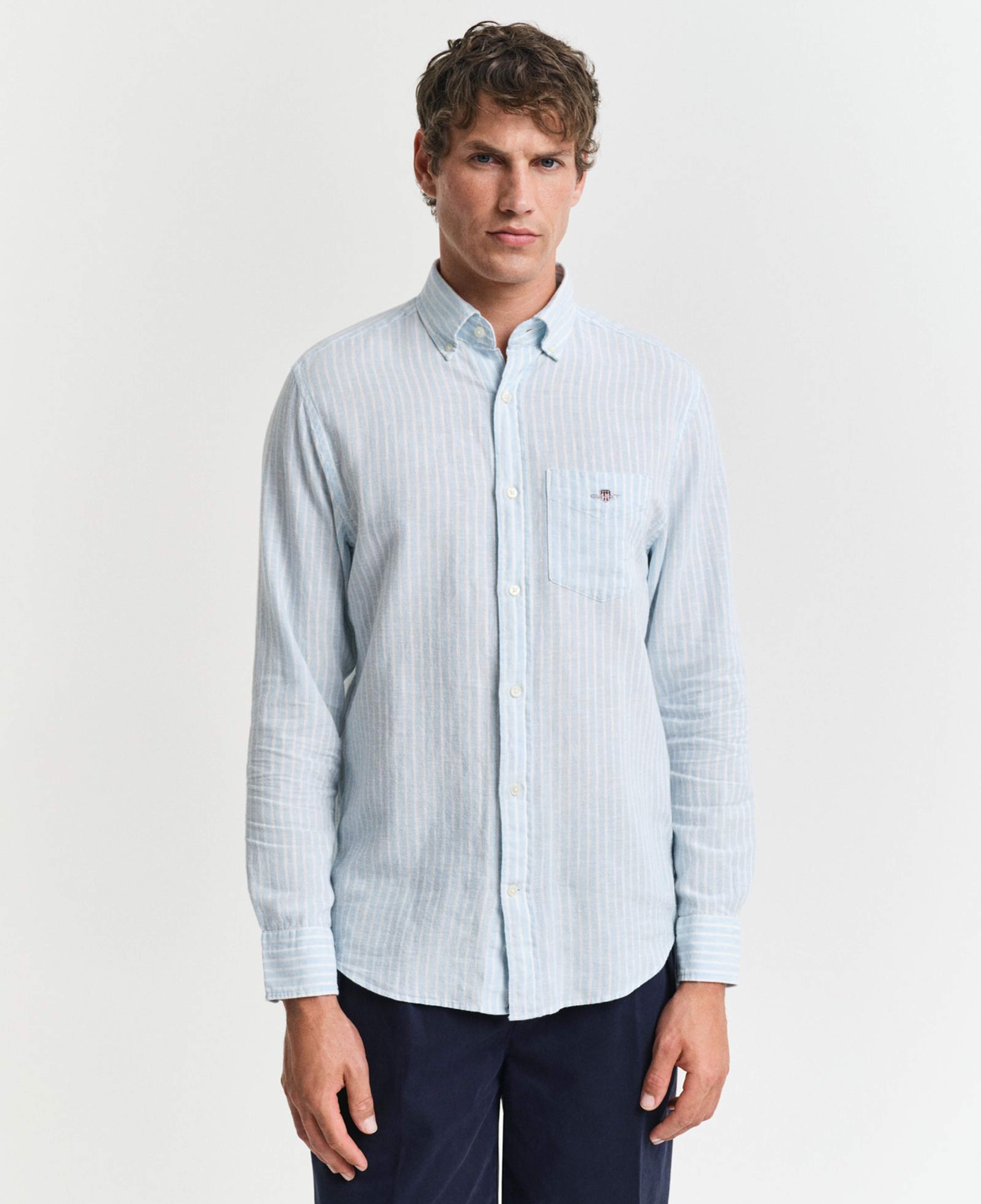 GANT Erkek Mavi Regular Fit Düğmeli Yaka Çizgili Keten Gömlek