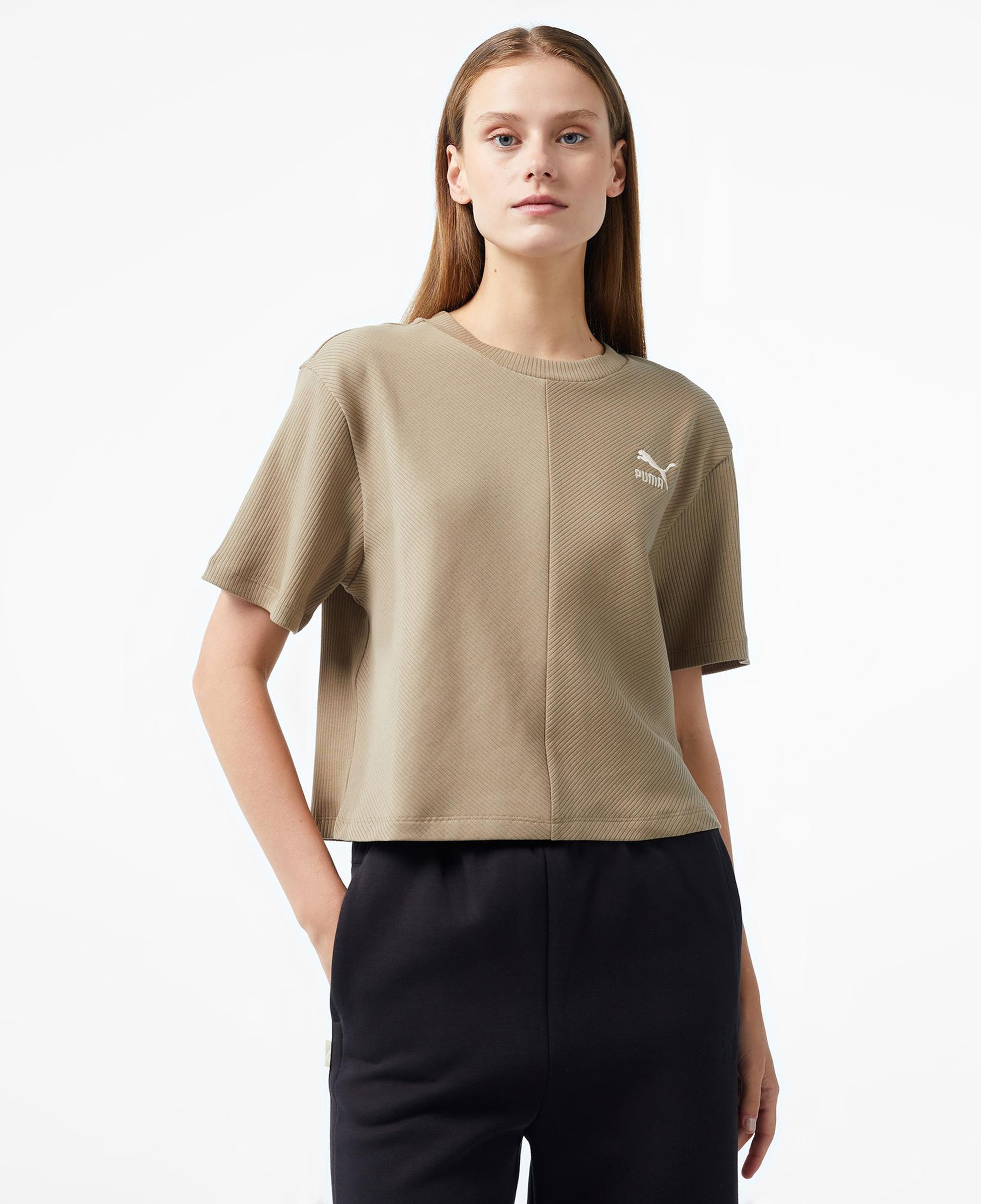 Puma Classıcs Ribbed Relaxed Kadın Haki T-Shirt