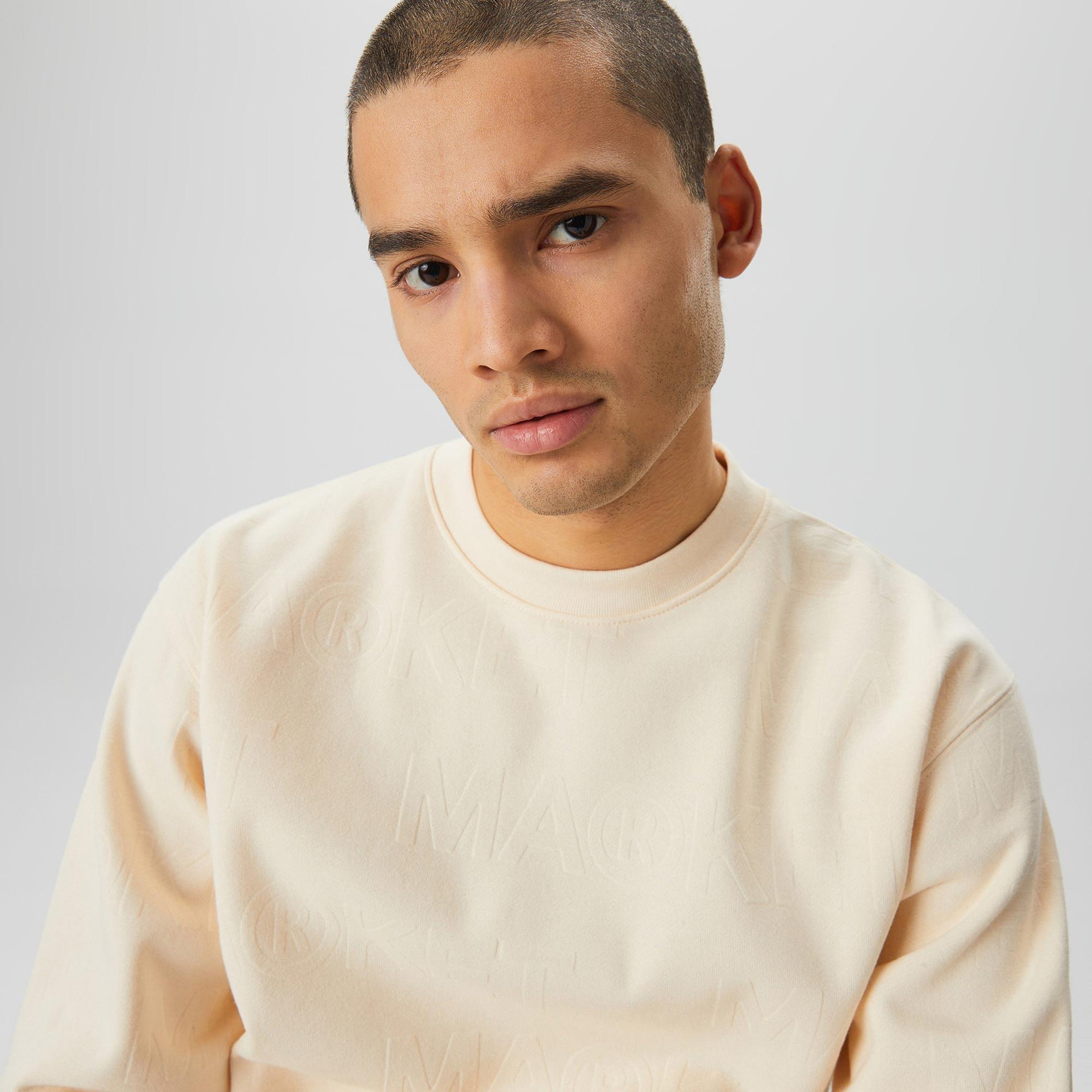 Market Embossed Crew Fleece Erkek Krem Sweatshirt