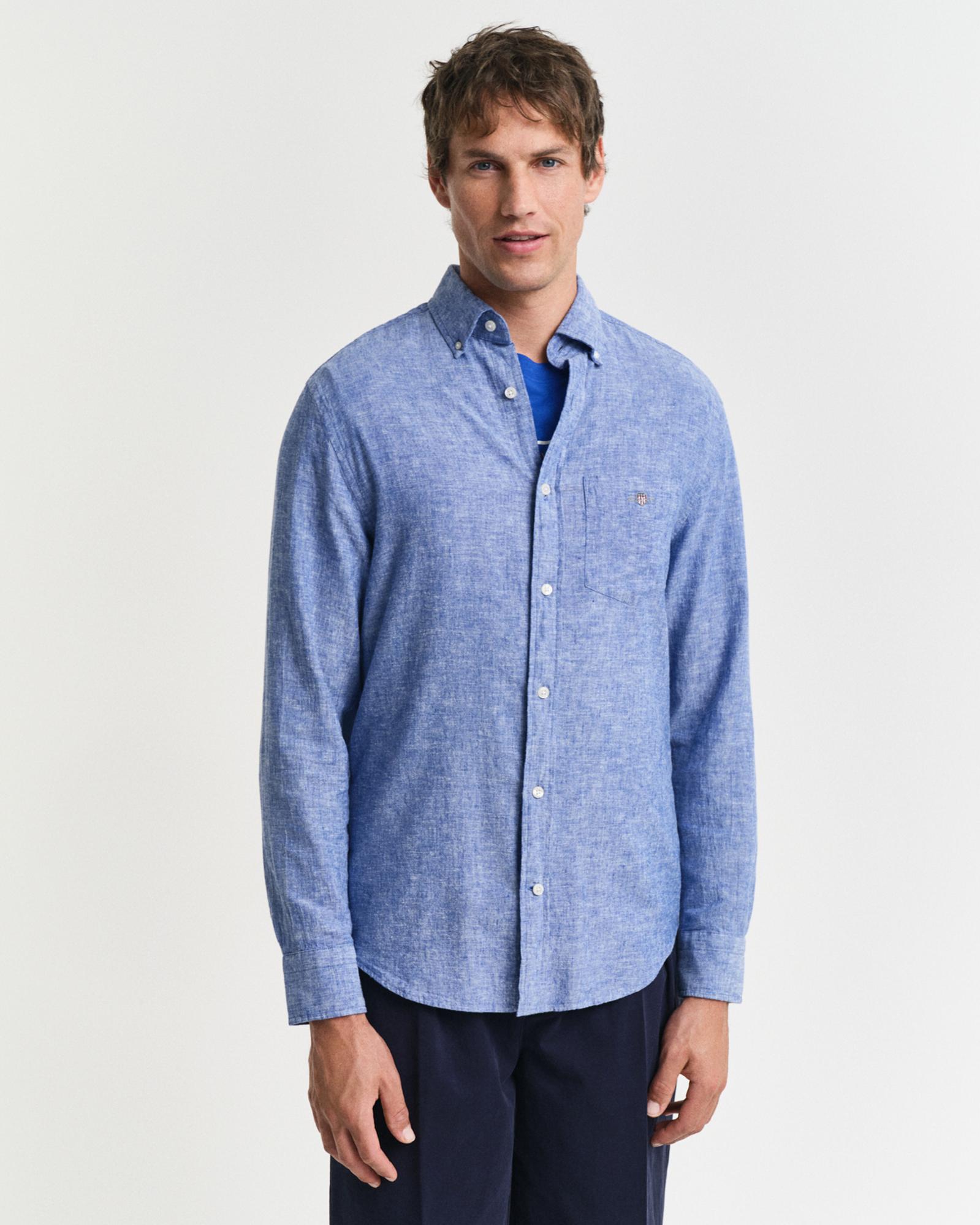 GANT Erkek Lacivert Regular Fit Düğmeli Yaka Keten Gömlek