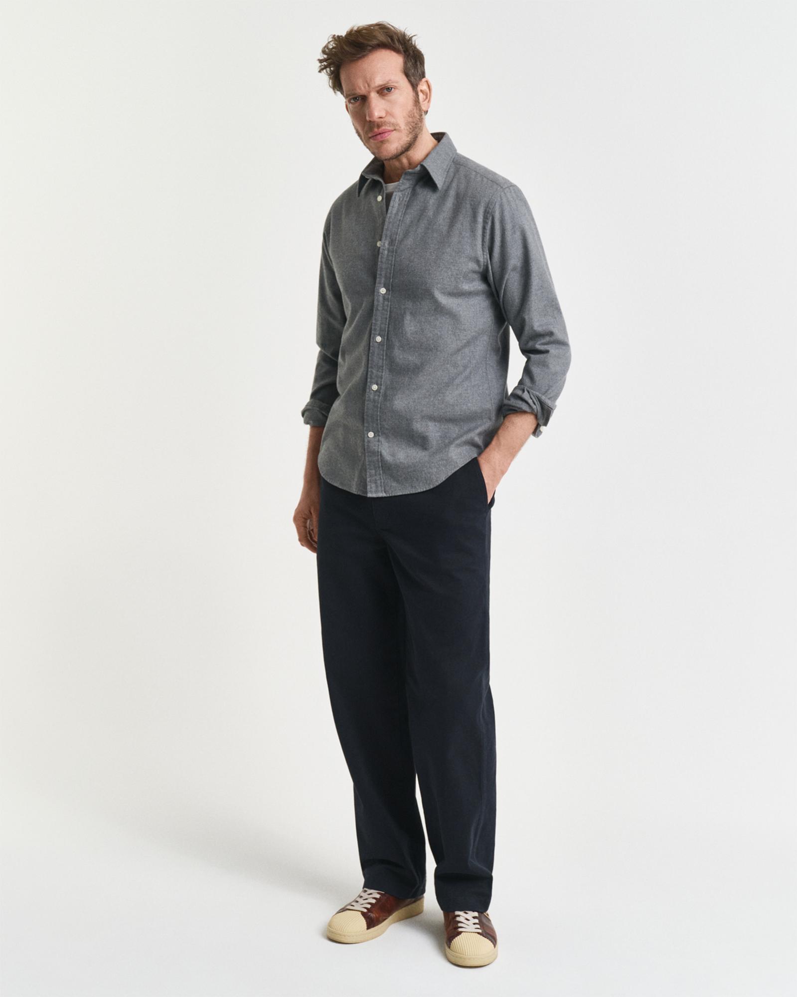 GANT Erkek Gri Regular Fit Bisiklet Yaka Gömlek