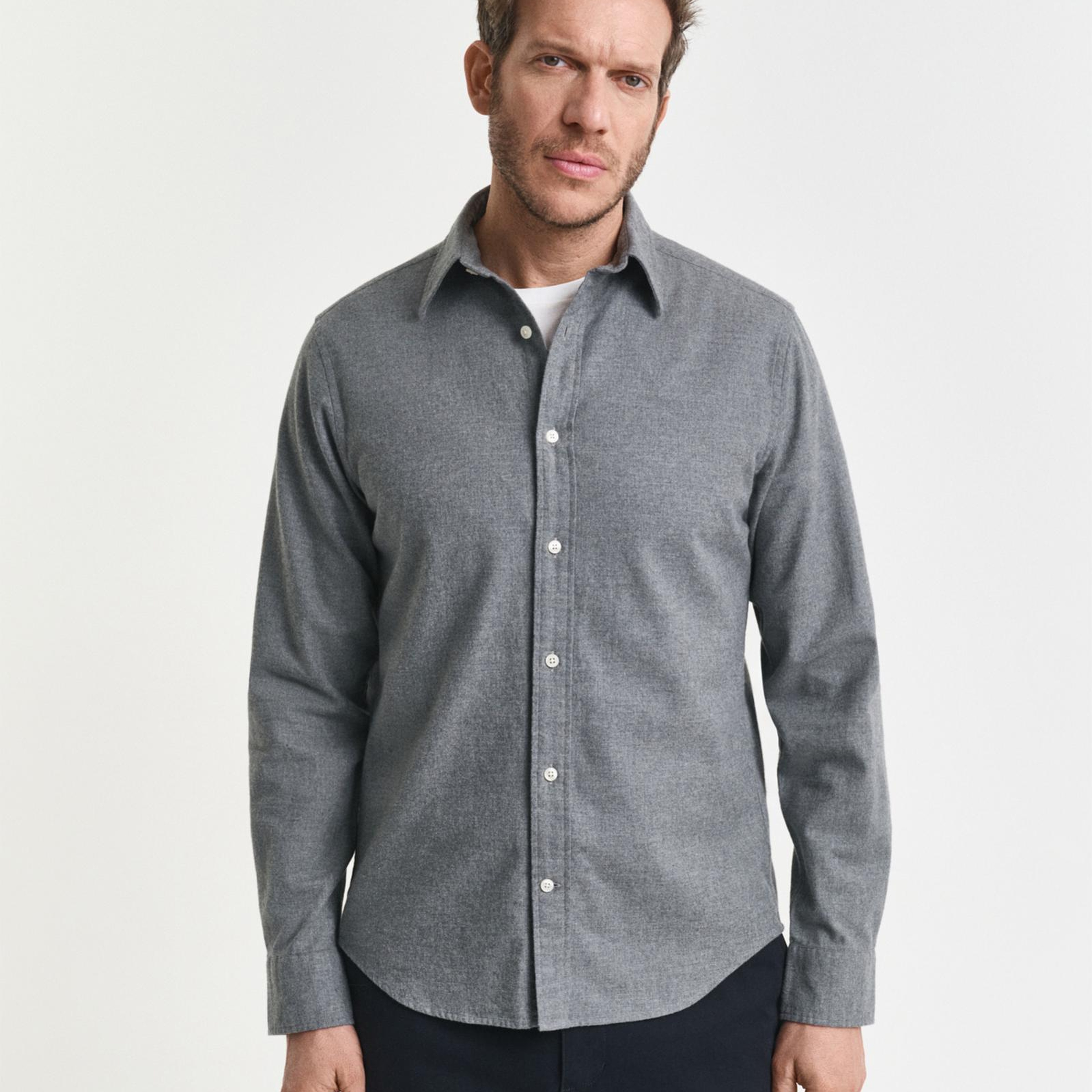 GANT Erkek Gri Regular Fit Bisiklet Yaka Gömlek