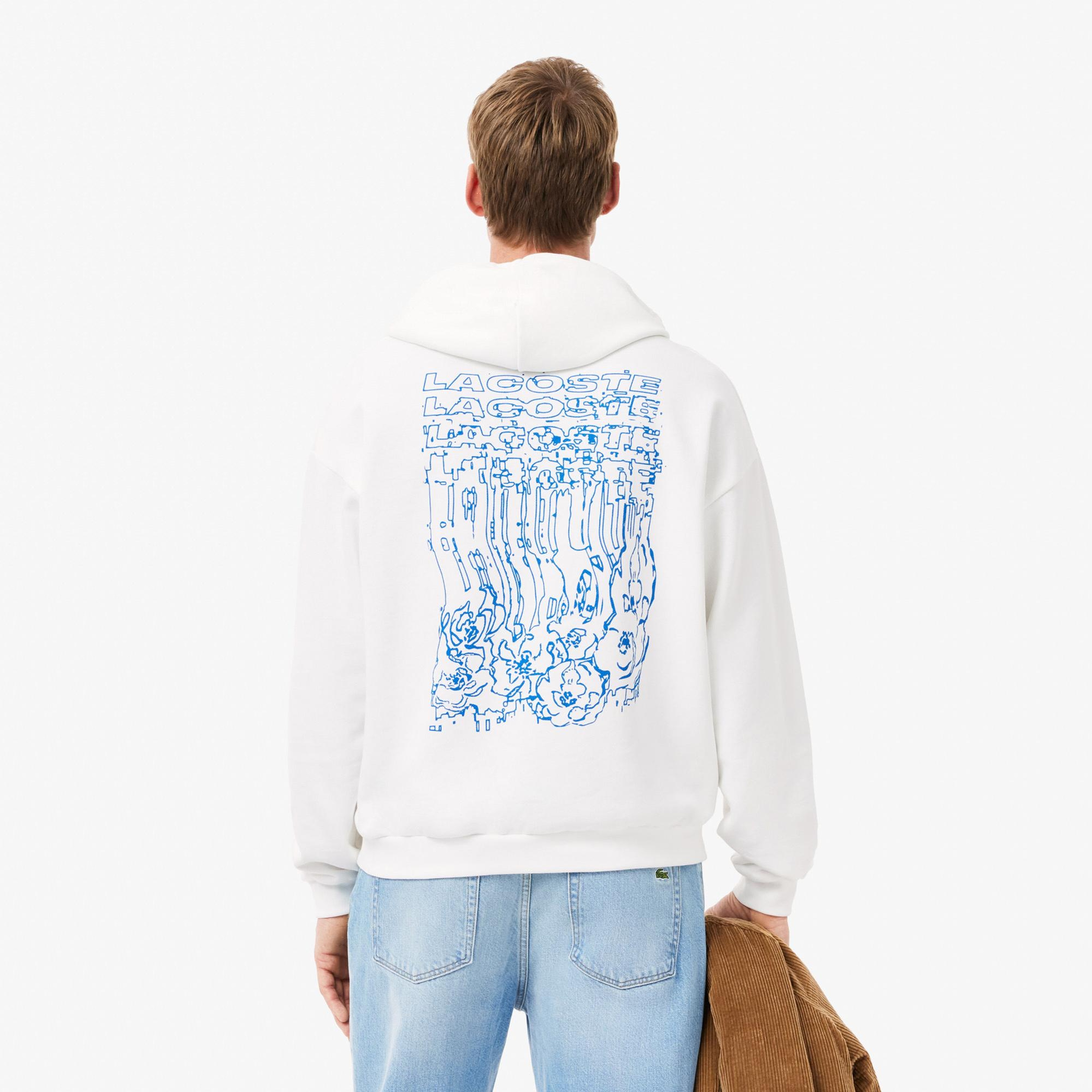 Erkek Loose Fit Kapüşonlu Baskılı Beyaz Sweatshirt