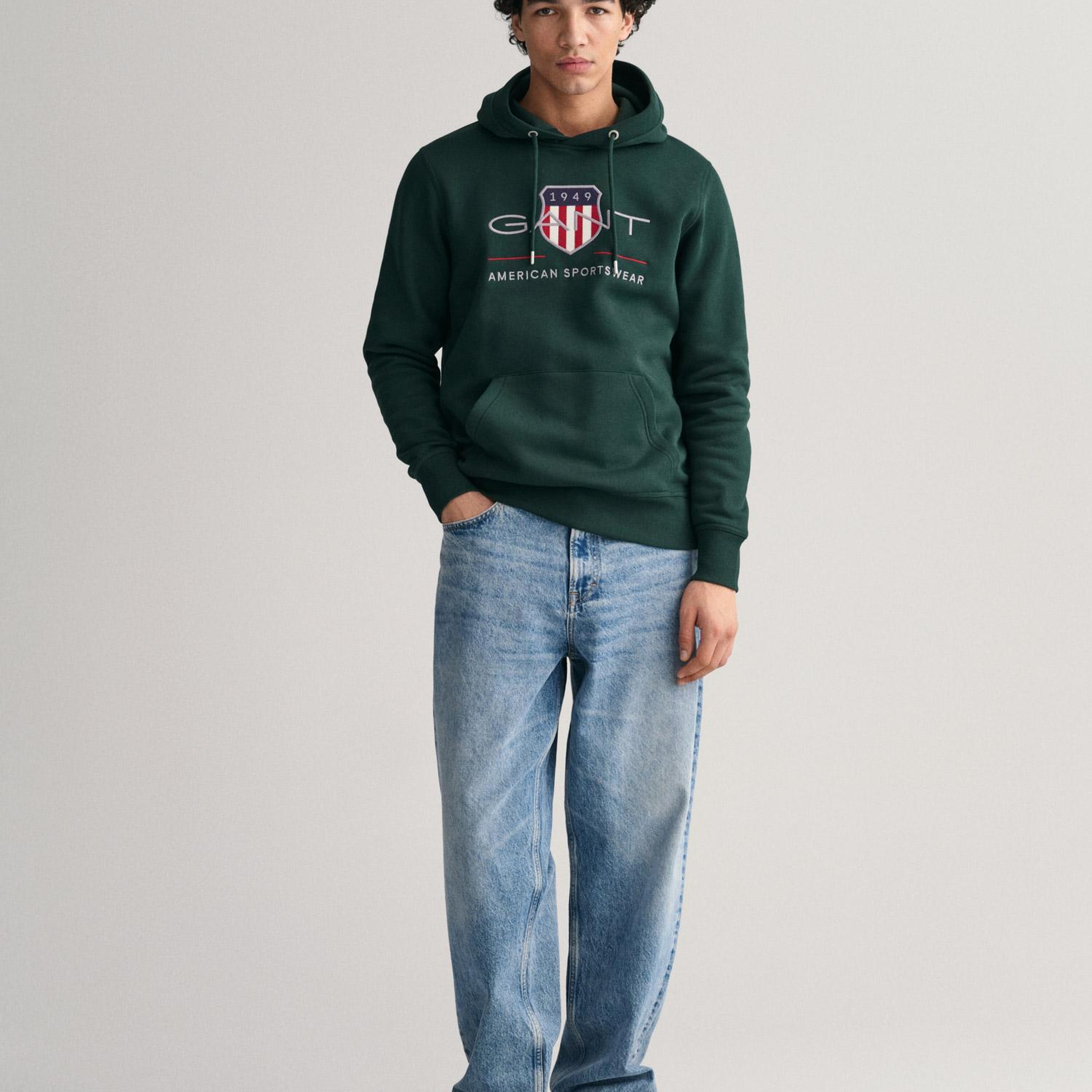 GANT Erkek Yeşil Regular Fit Kapüşonlu Logolu Sweatshirt