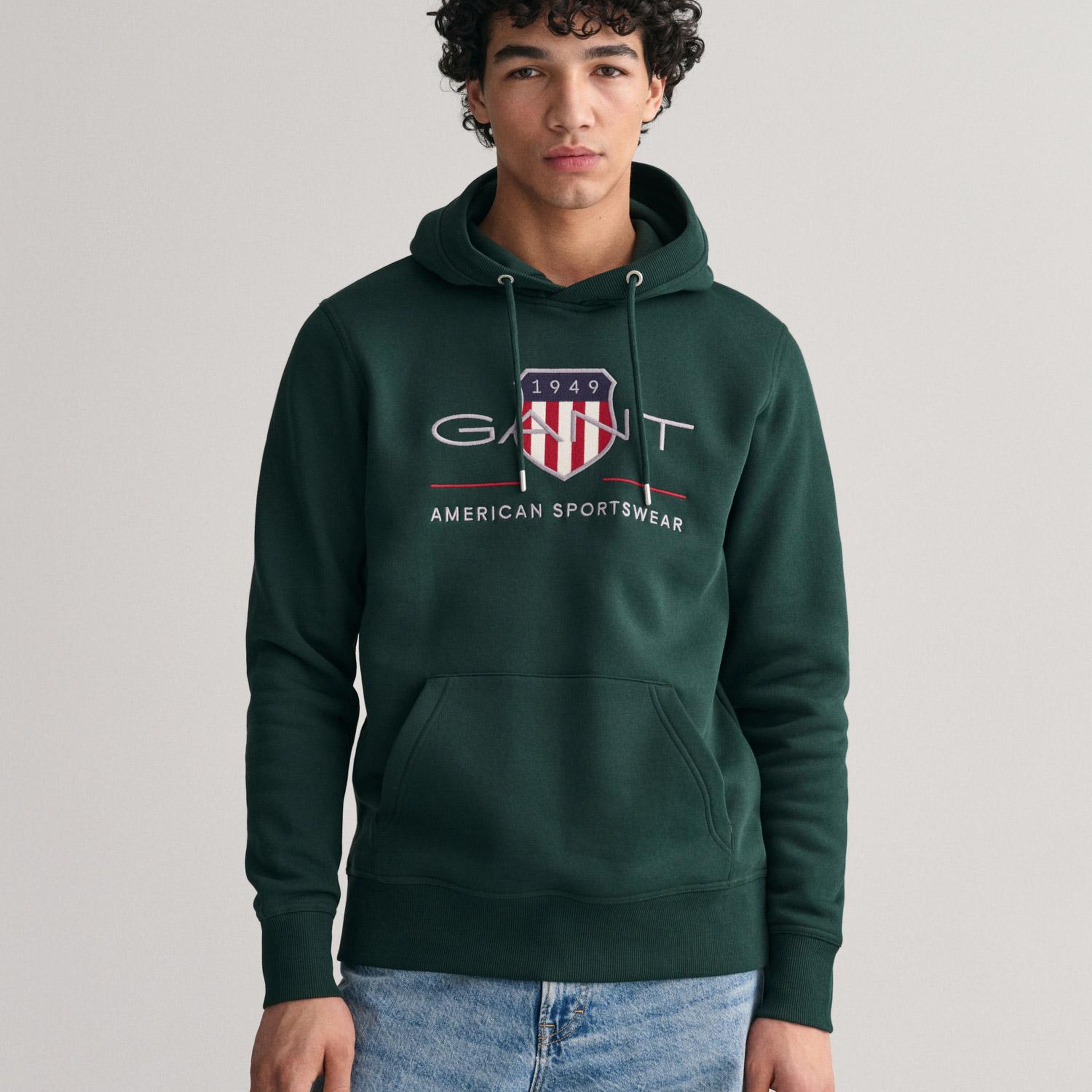GANT Erkek Yeşil Regular Fit Kapüşonlu Logolu Sweatshirt