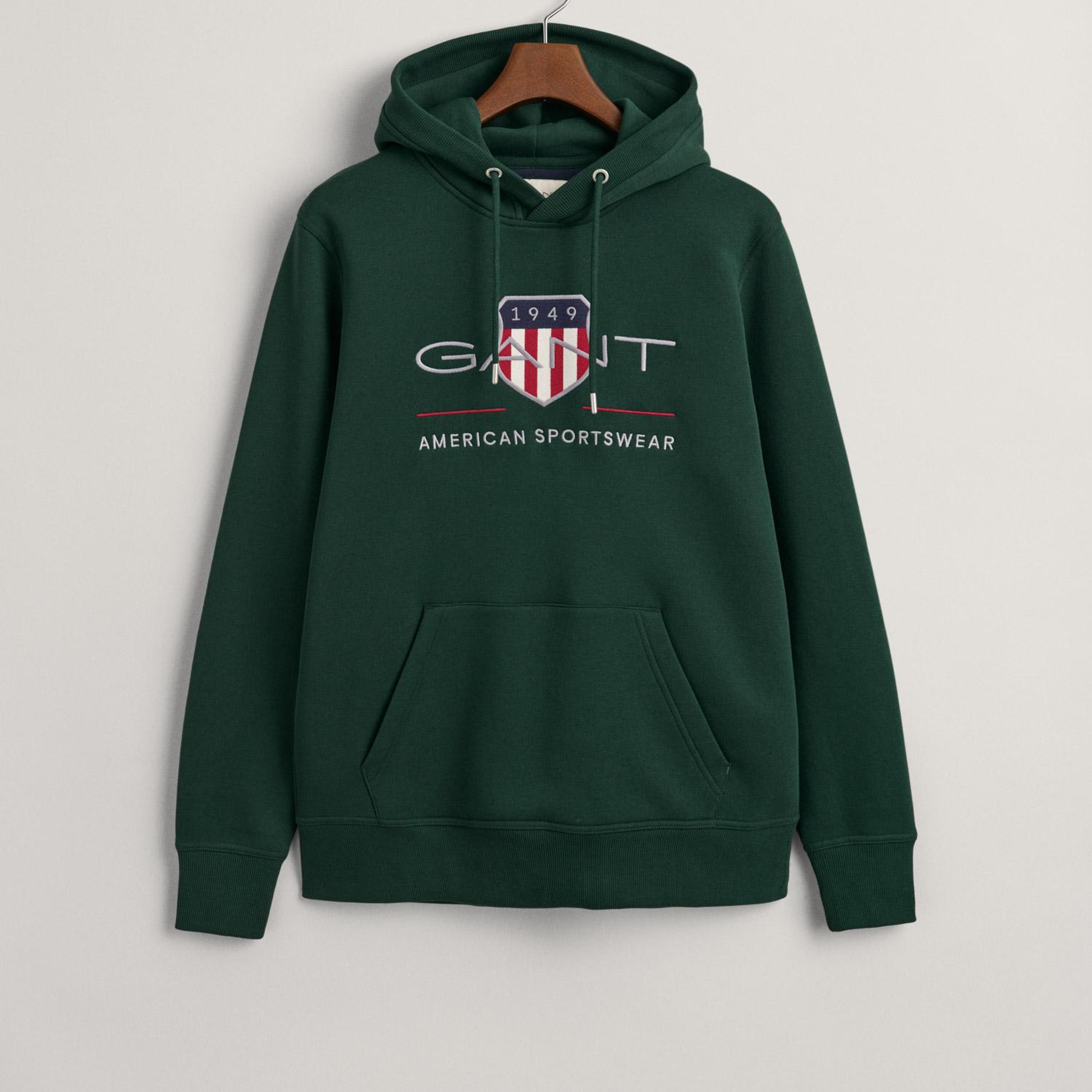 GANT Erkek Yeşil Regular Fit Kapüşonlu Logolu Sweatshirt