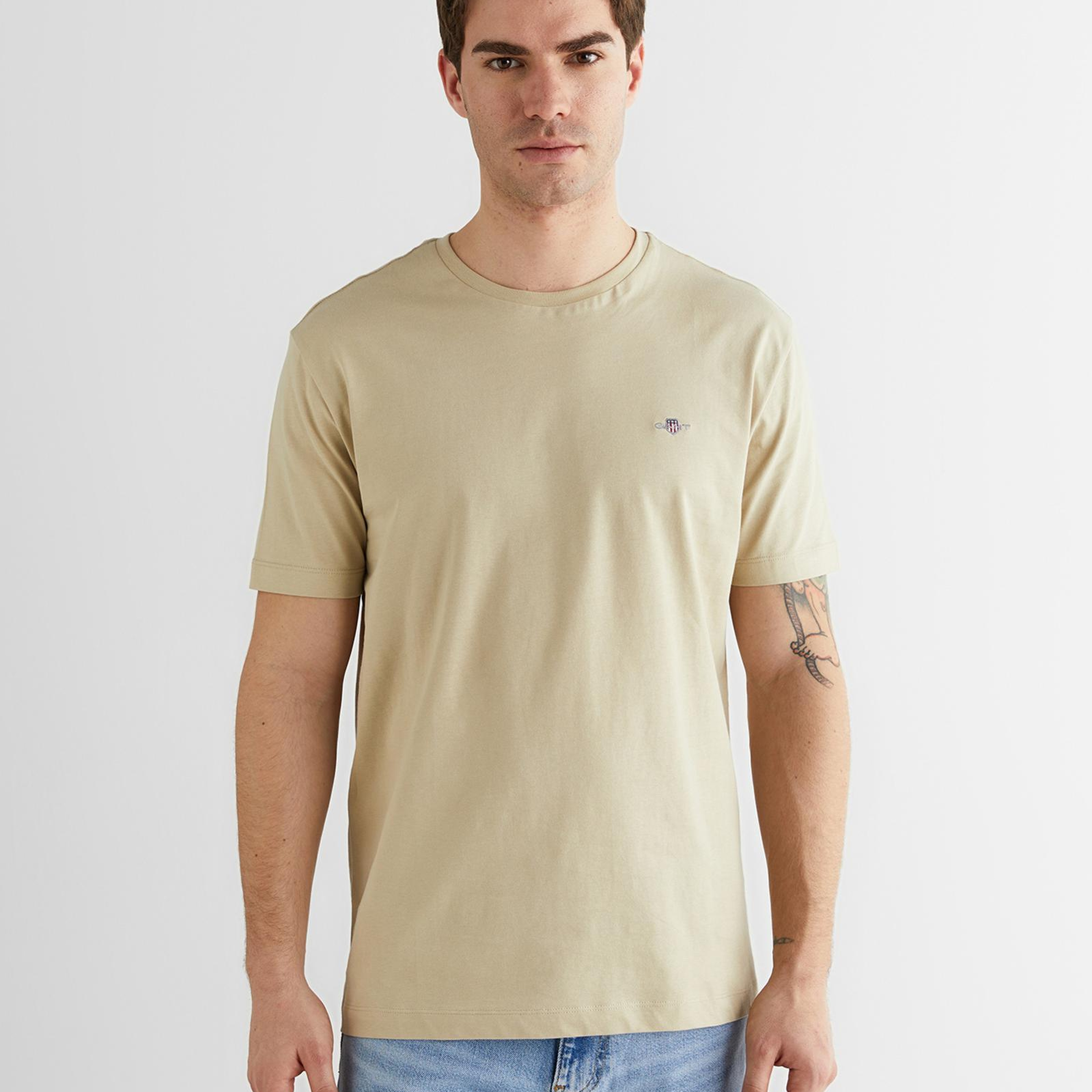 GANT Erkek Bej Bisiklet Yaka Regular Fit Logolu T-Shirt