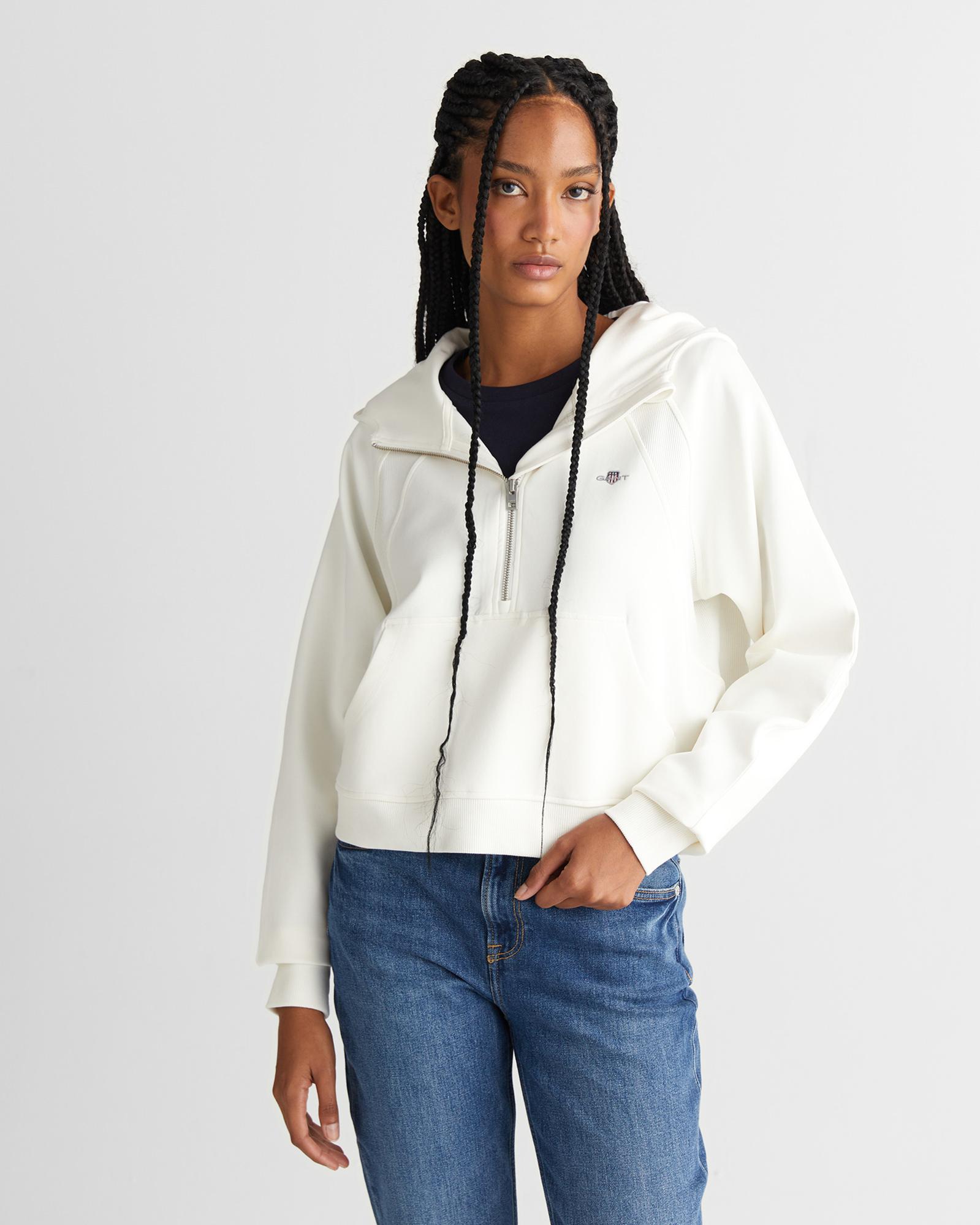 GANT Kadın Beyaz Regular Fit Kapüşonlu Sweatshirt
