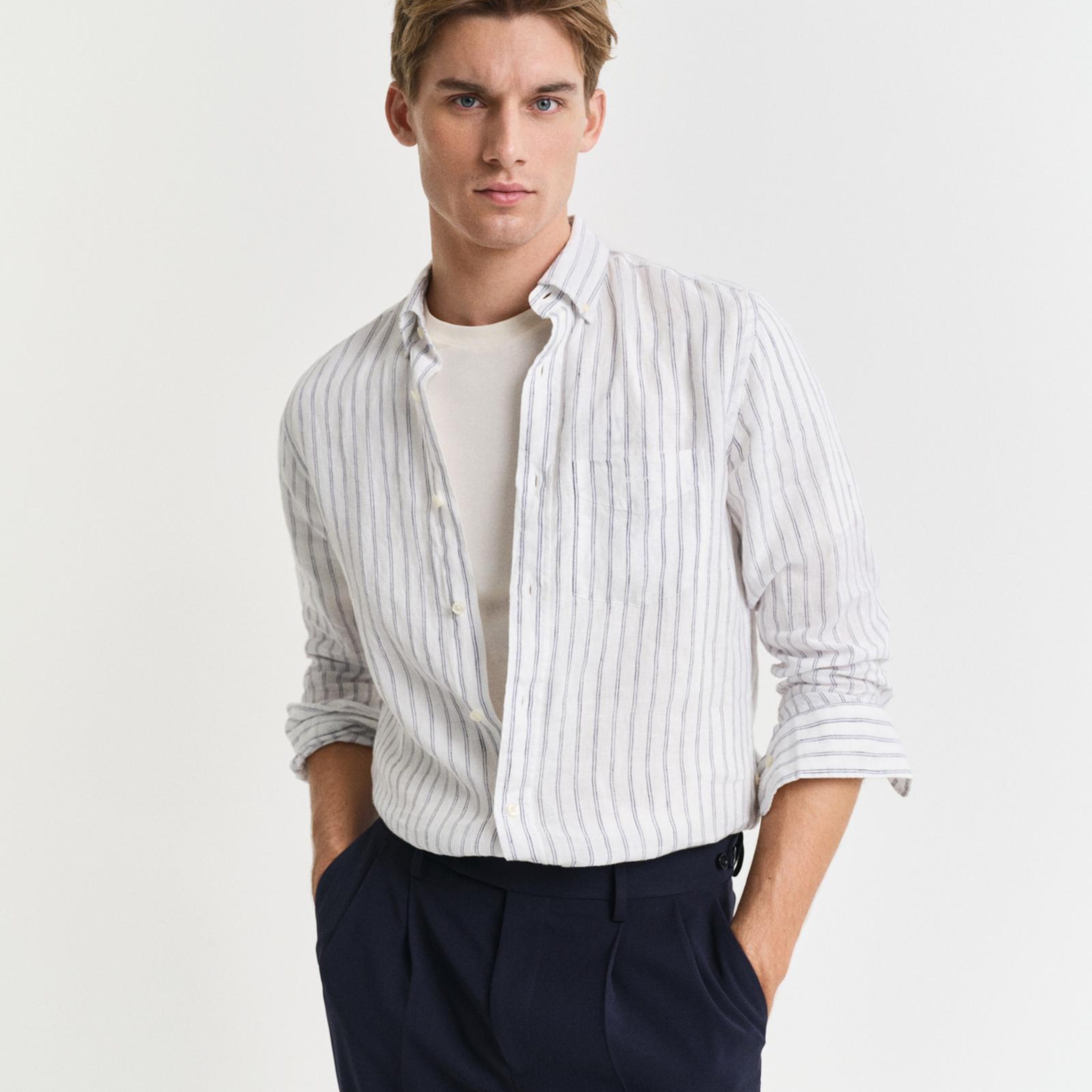 GANT Erkek Beyaz Regular Fit Düğmeli Yaka Çizgili Gömlek