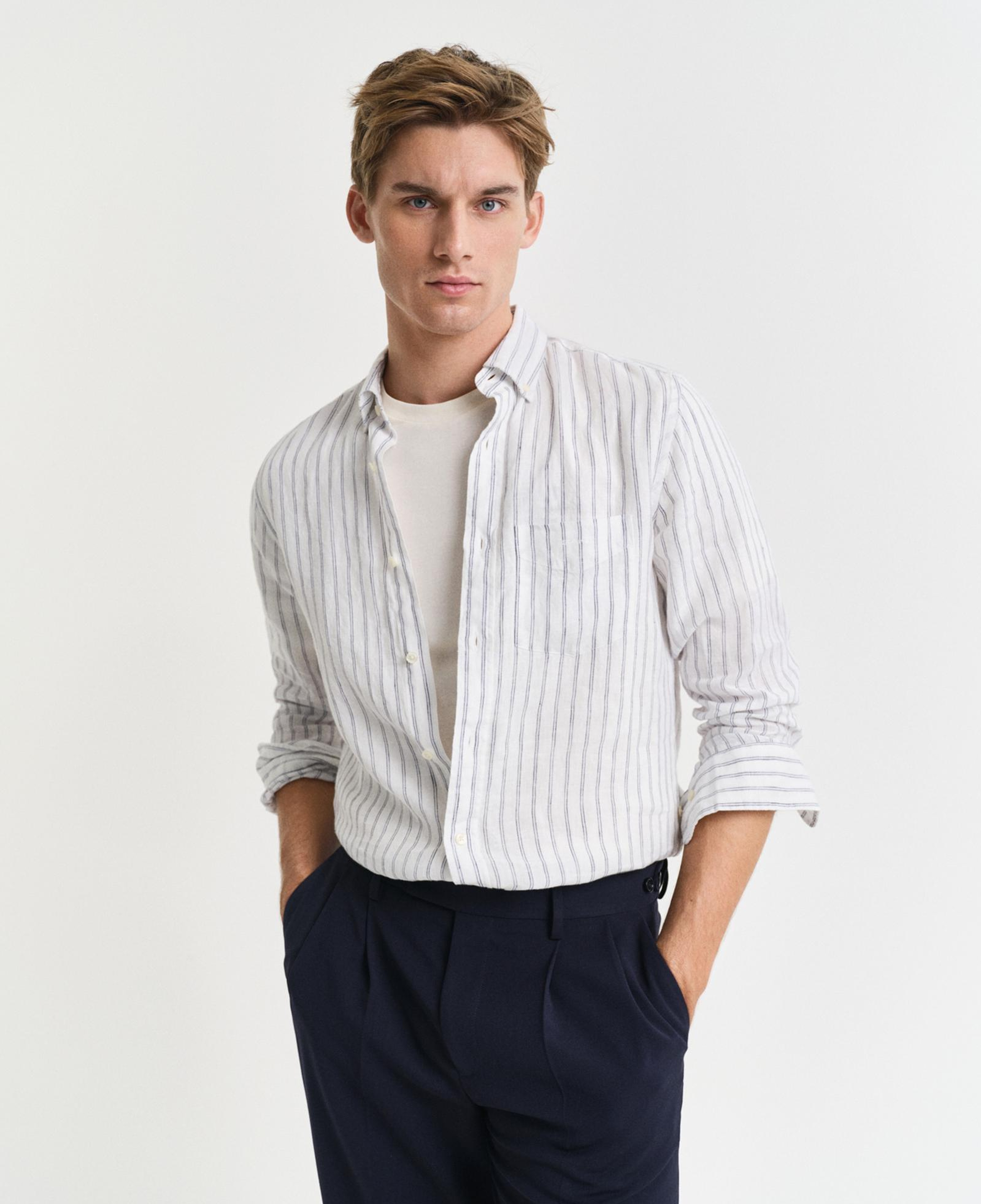 GANT Erkek Beyaz Regular Fit Düğmeli Yaka Çizgili Gömlek