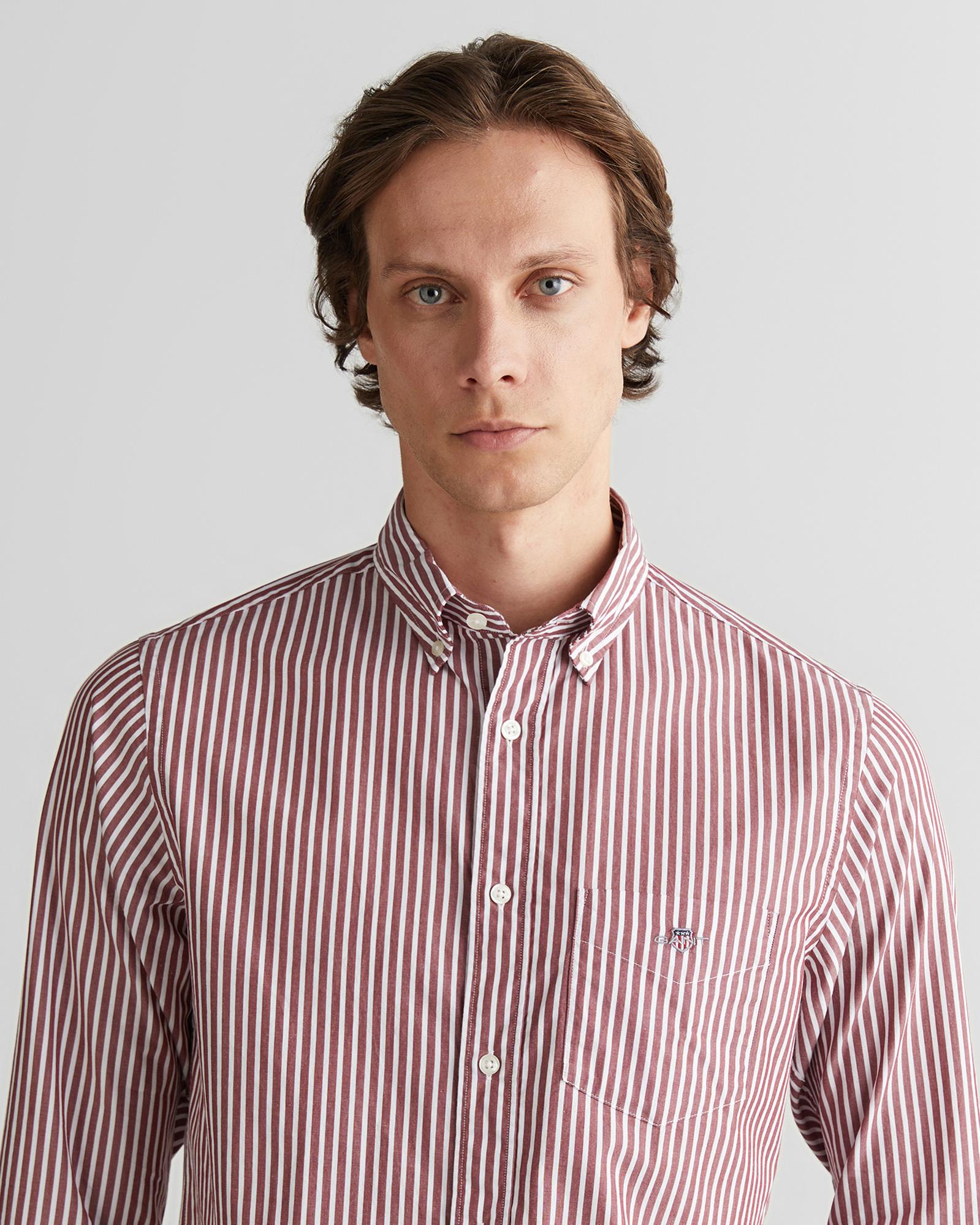 GANT Erkek Bordo Regular Fit Düğmeli Yaka Çizgili Poplin Gömlek
