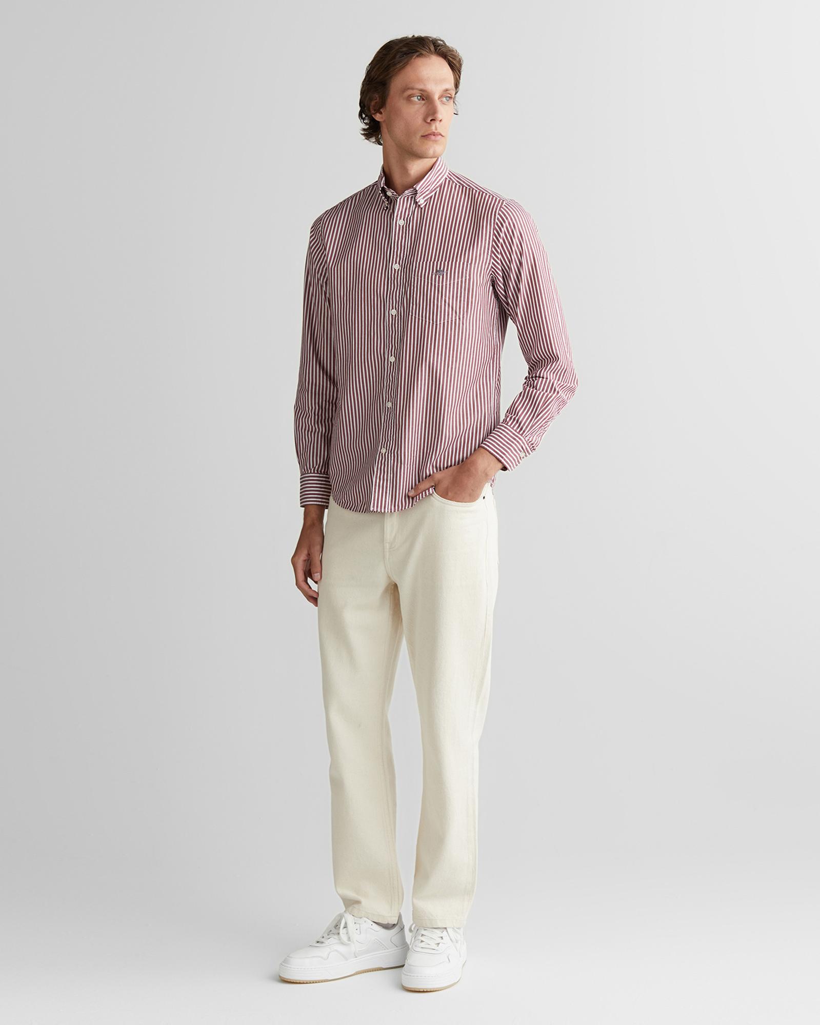 GANT Erkek Bordo Regular Fit Düğmeli Yaka Çizgili Poplin Gömlek