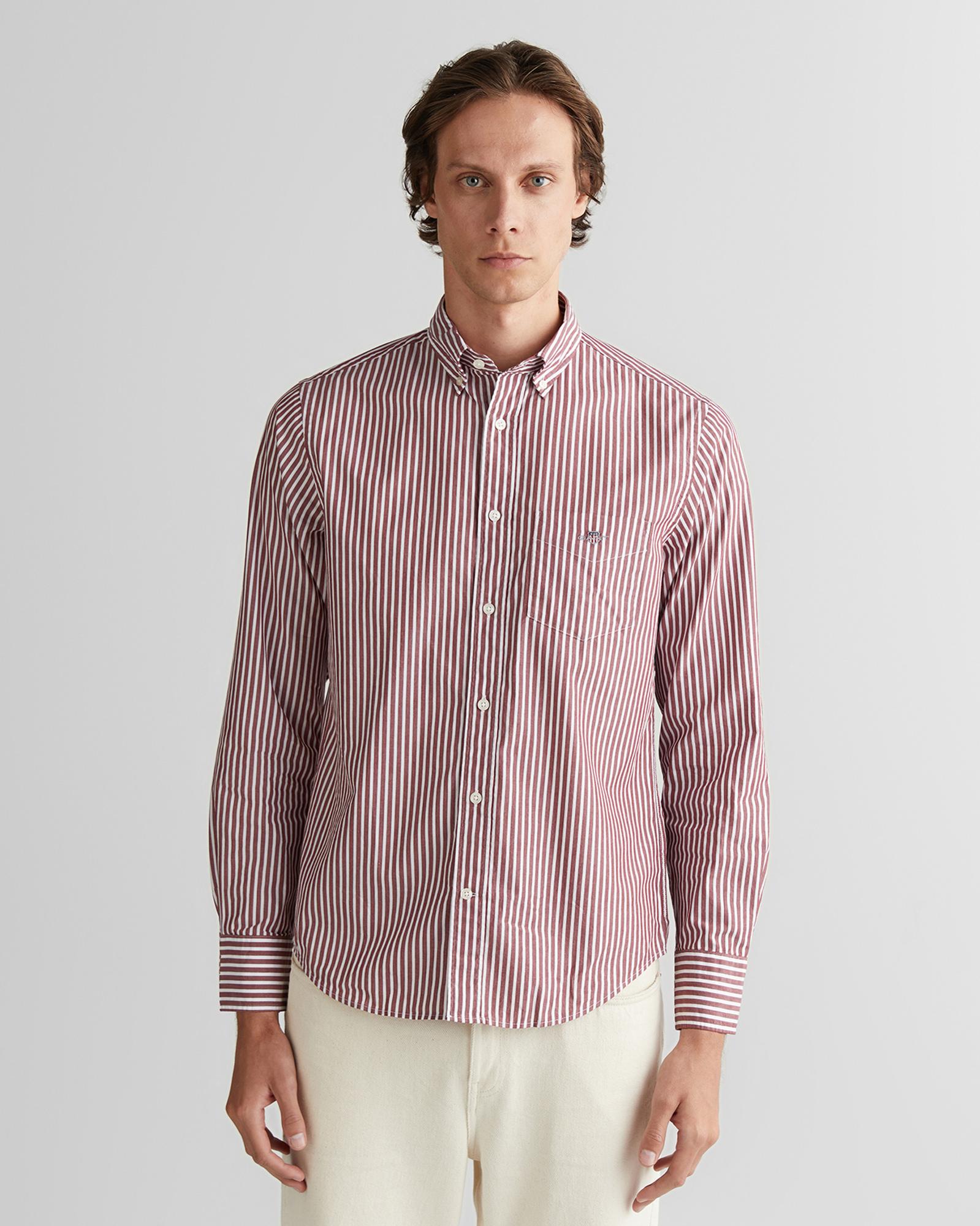GANT Erkek Bordo Regular Fit Düğmeli Yaka Çizgili Poplin Gömlek