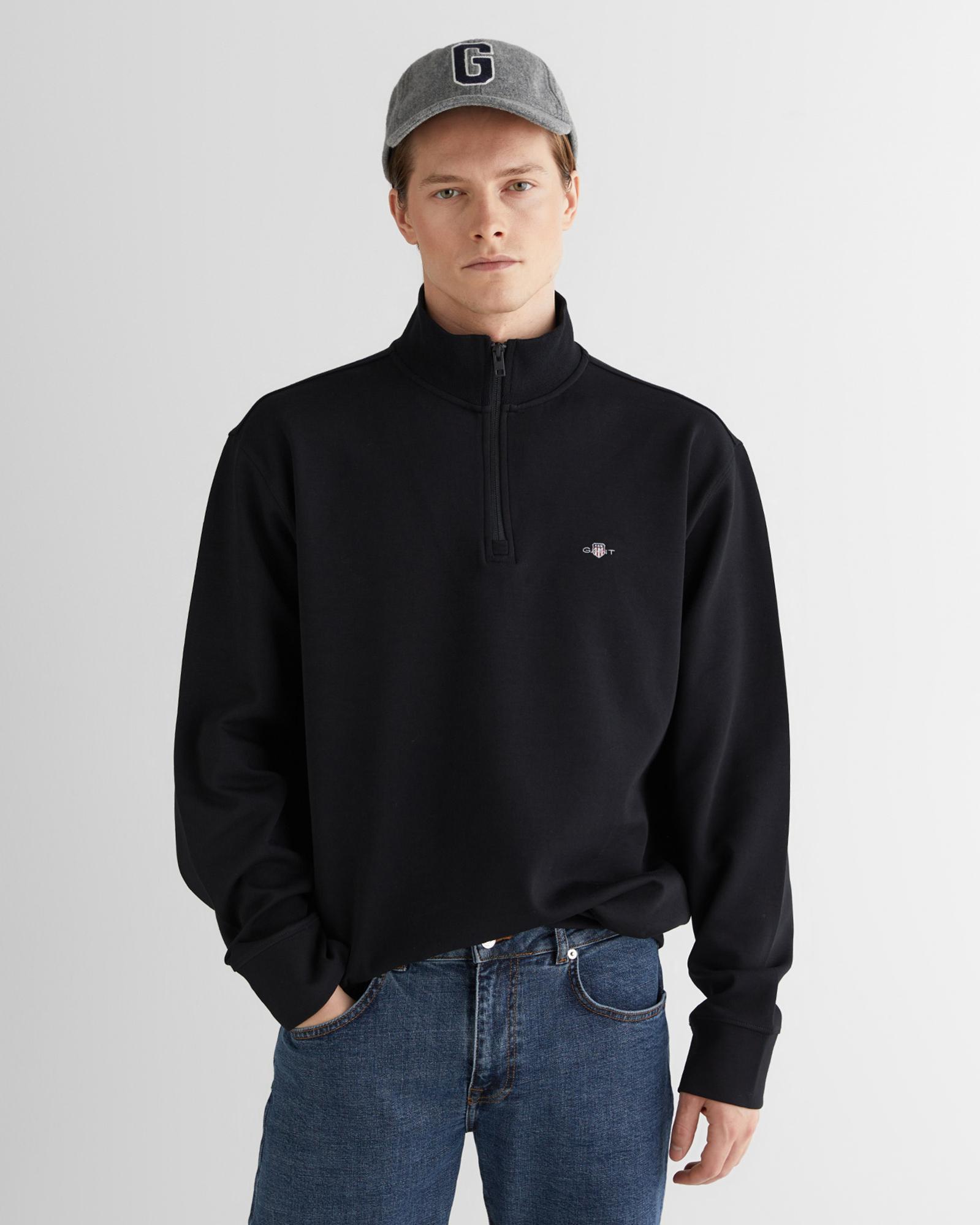 GANT Erkek Siyah Relaxed Fit Yarım Fermuarlı Sweatshirt