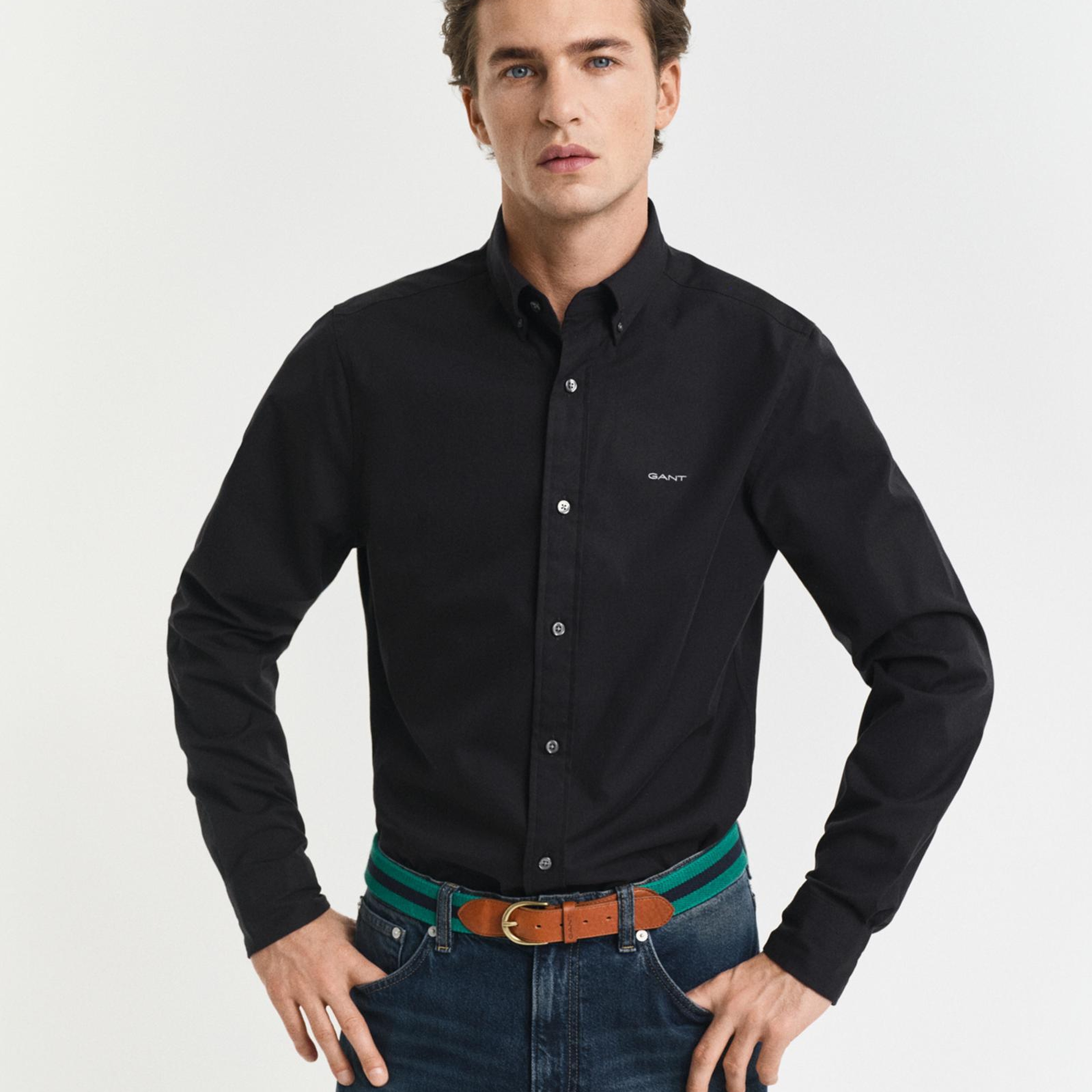 GANT Erkek Siyah Slim Fit Düğmeli Yaka Oxford Gömlek