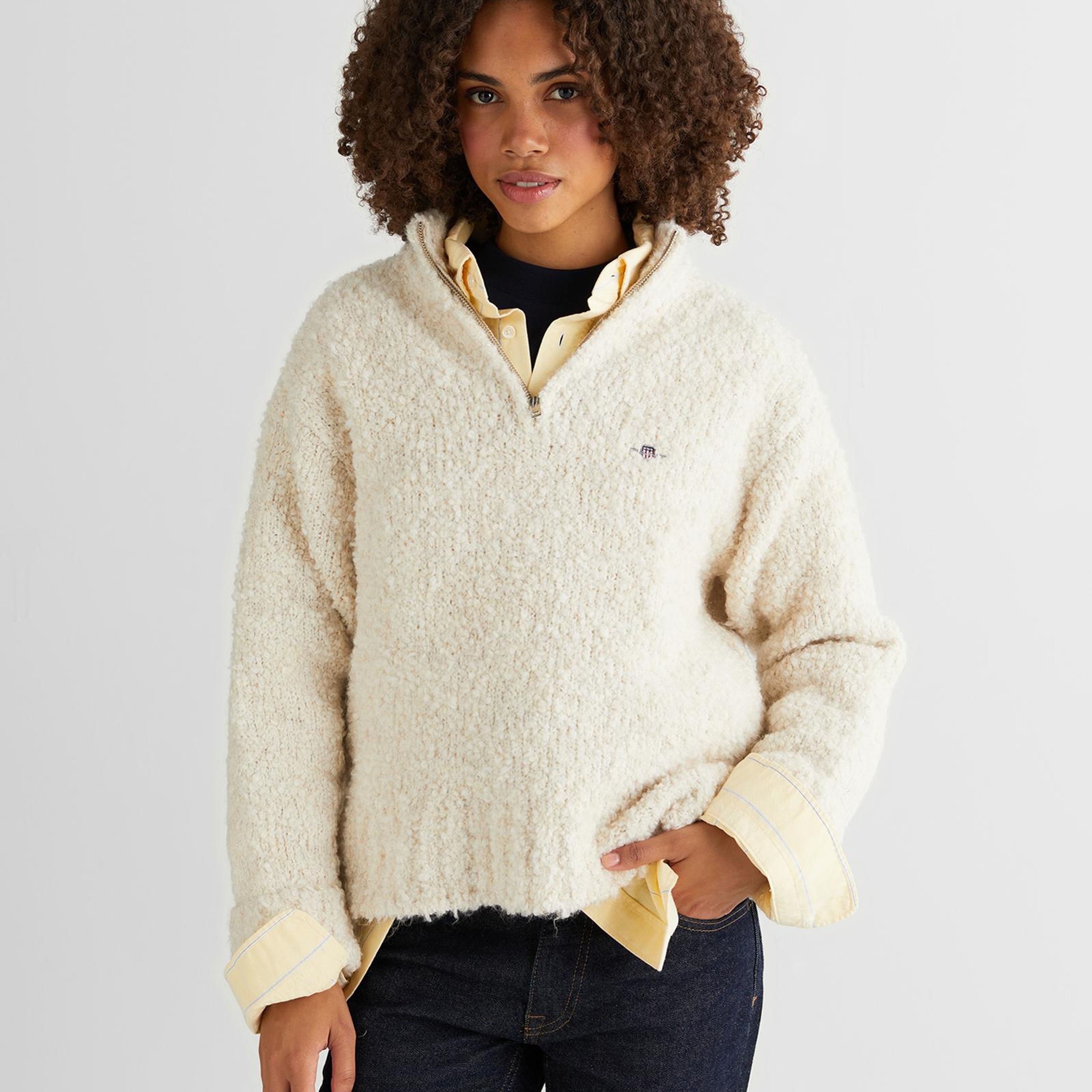 GANT Kadın Krem Relaxed Fit Yarım Fermuarlı Triko