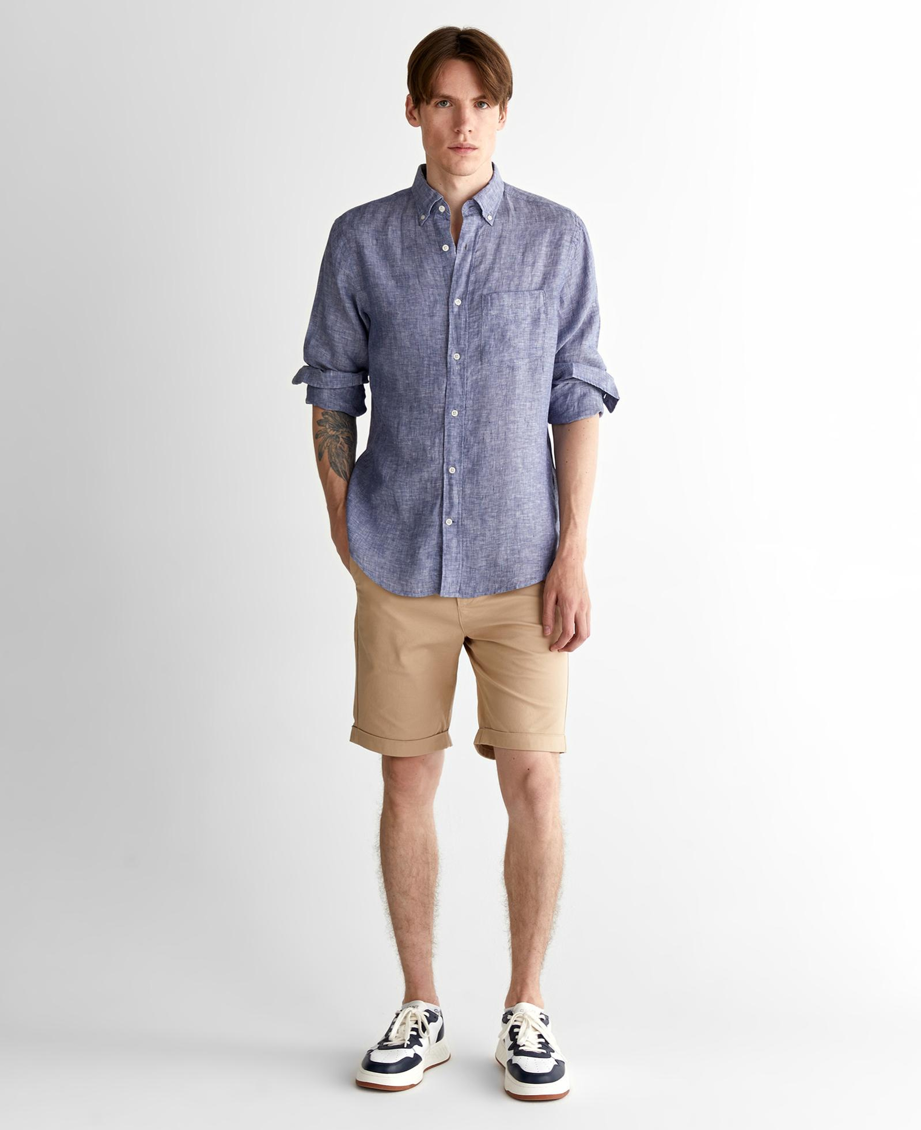 GANT Erkek Mavi Regular Fit Düğmeli Yaka Keten Gömlek