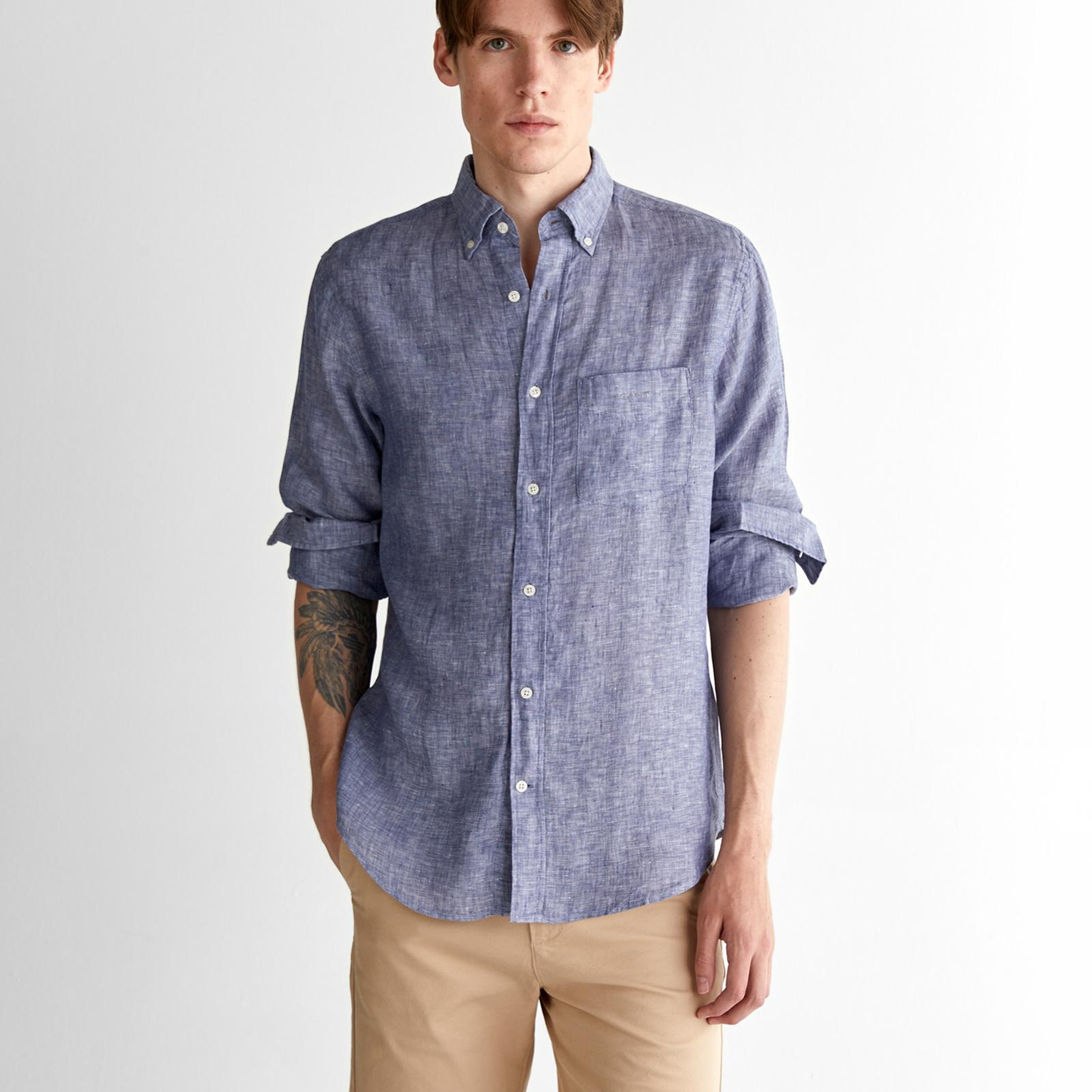 GANT Erkek Mavi Regular Fit Düğmeli Yaka Keten Gömlek