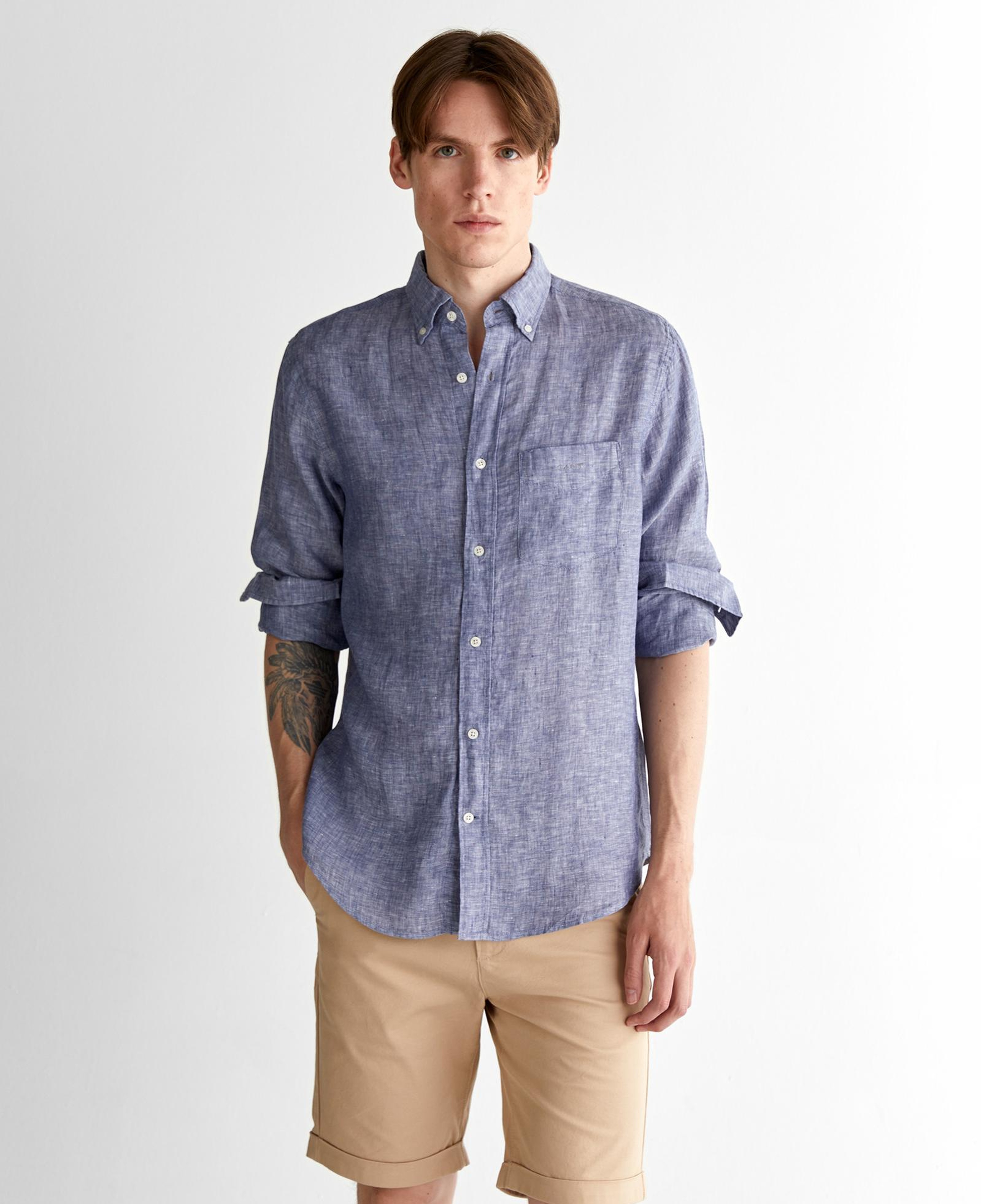 GANT Erkek Mavi Regular Fit Düğmeli Yaka Keten Gömlek