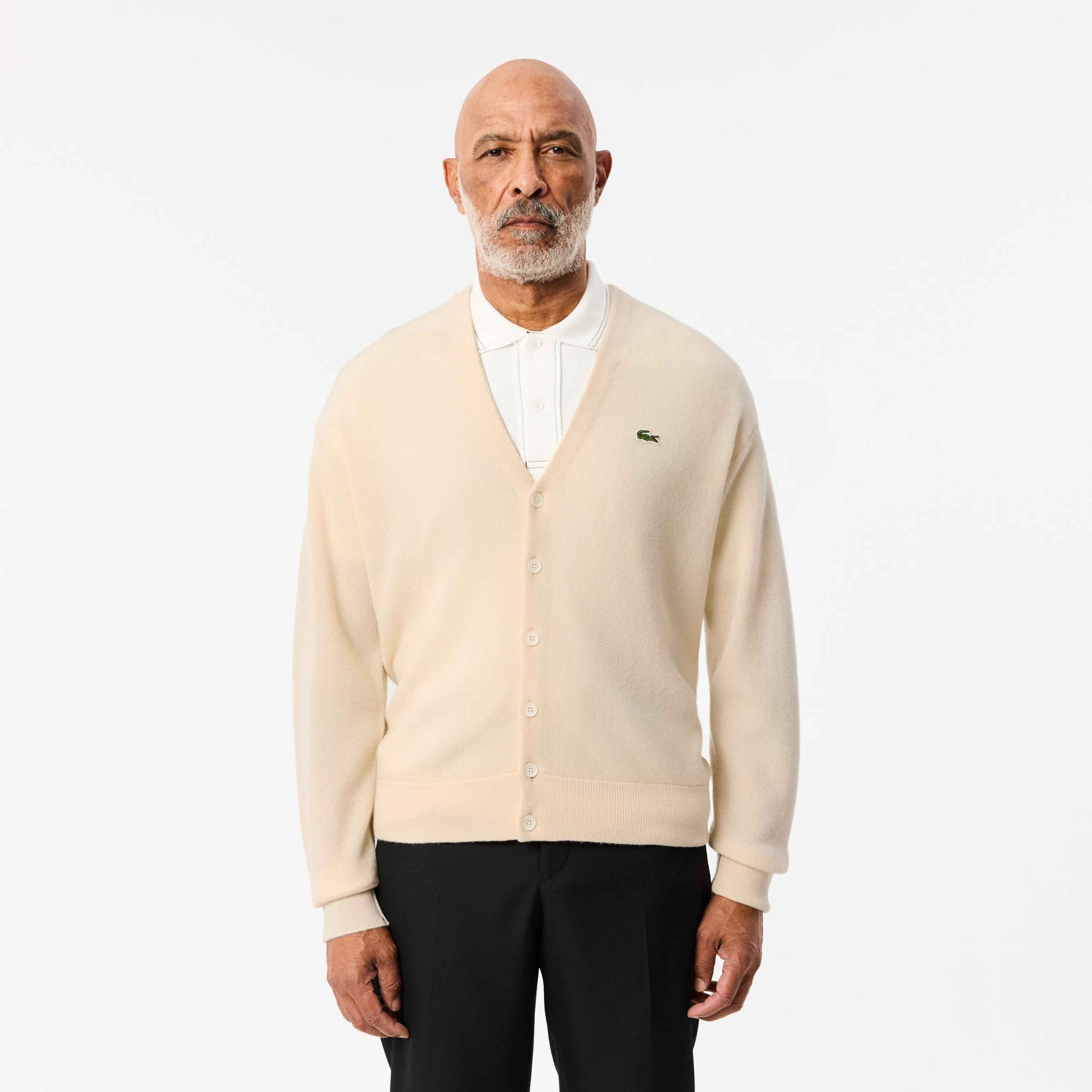 Erkek Relaxed Fit V Yaka Yün Krem Hırka