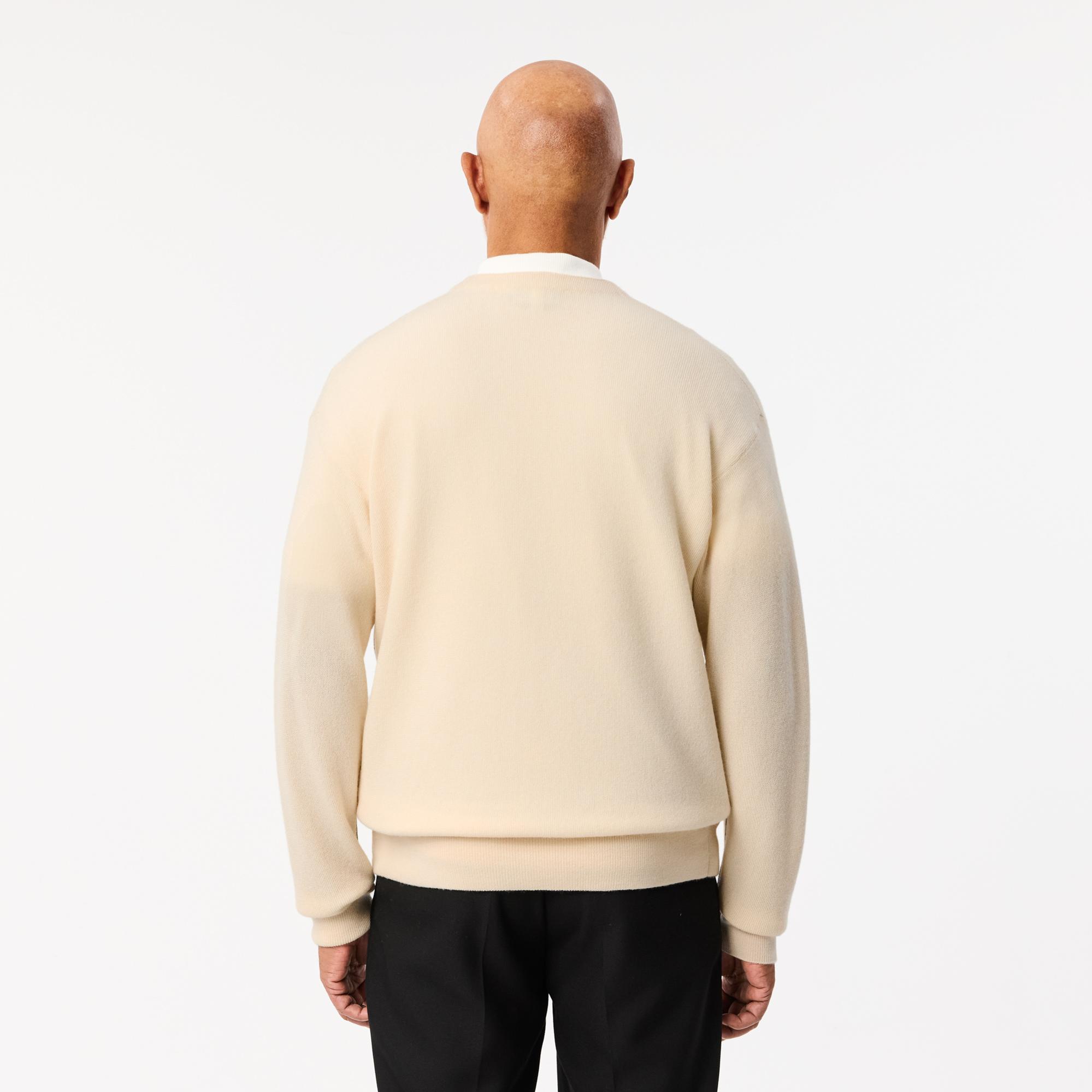 Erkek Relaxed Fit V Yaka Yün Krem Hırka