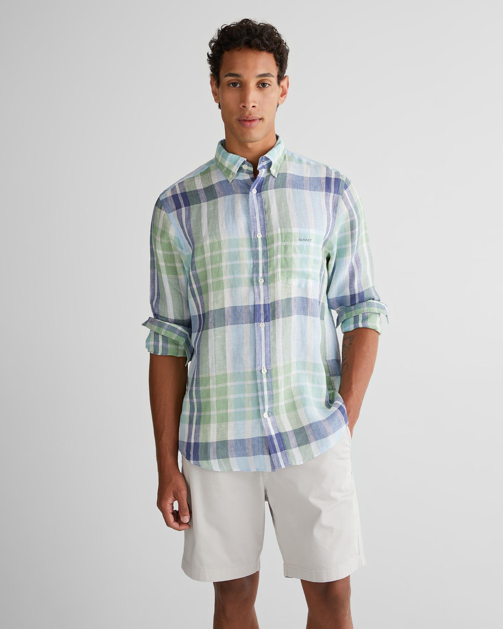 GANT Erkek Yeşil Regular Fit Düğmeli Yaka Kareli Keten Gömlek