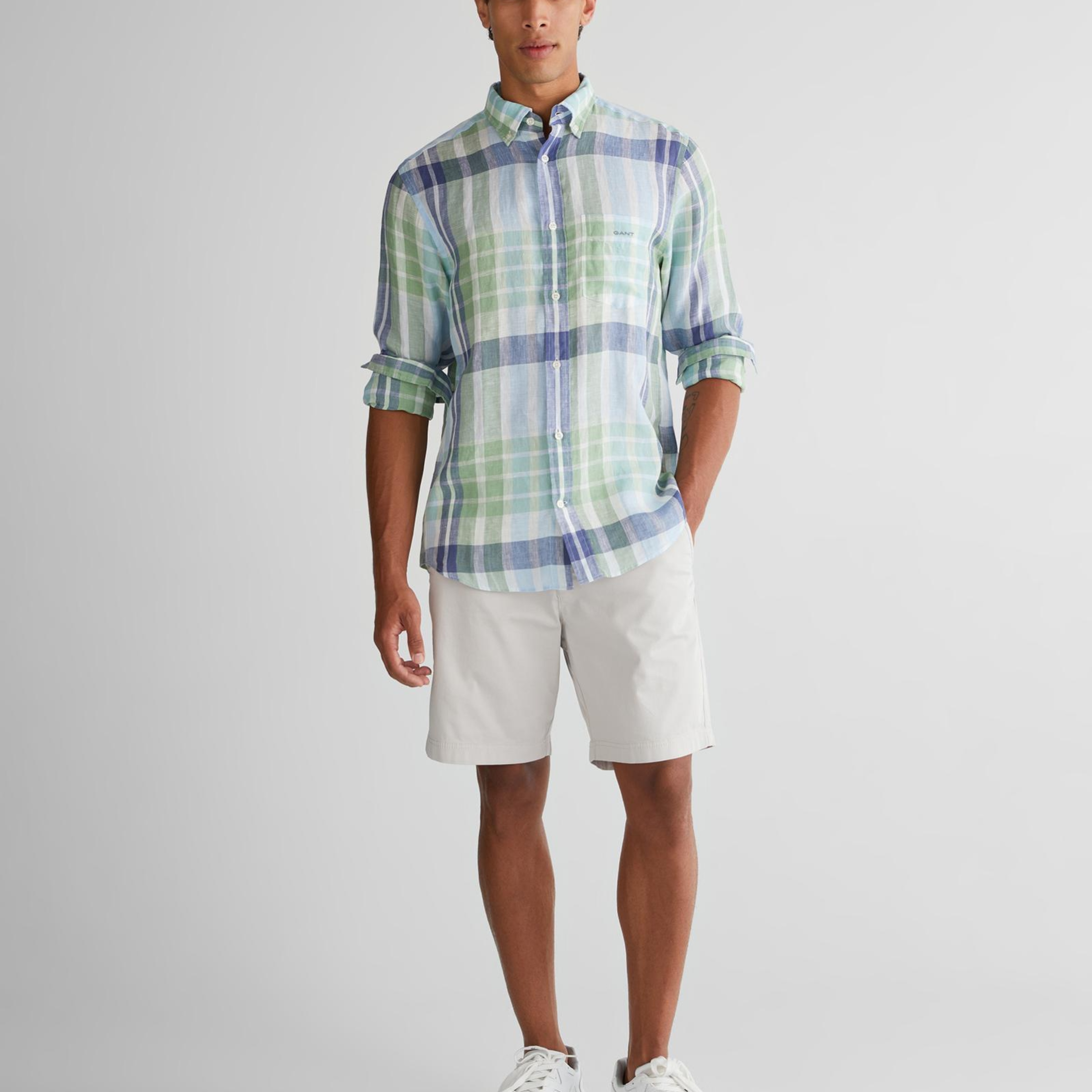 GANT Erkek Yeşil Regular Fit Düğmeli Yaka Kareli Keten Gömlek