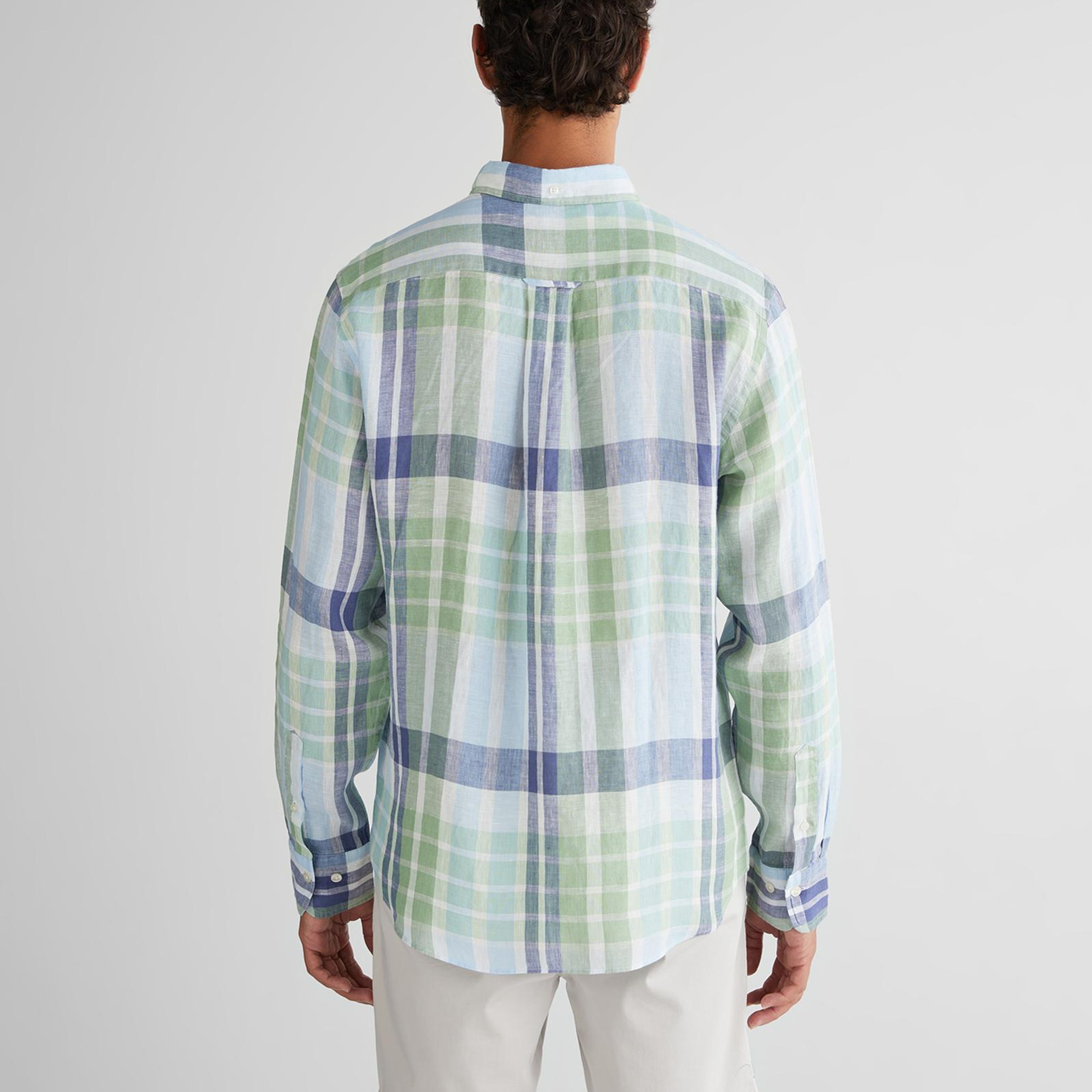 GANT Erkek Yeşil Regular Fit Düğmeli Yaka Kareli Keten Gömlek