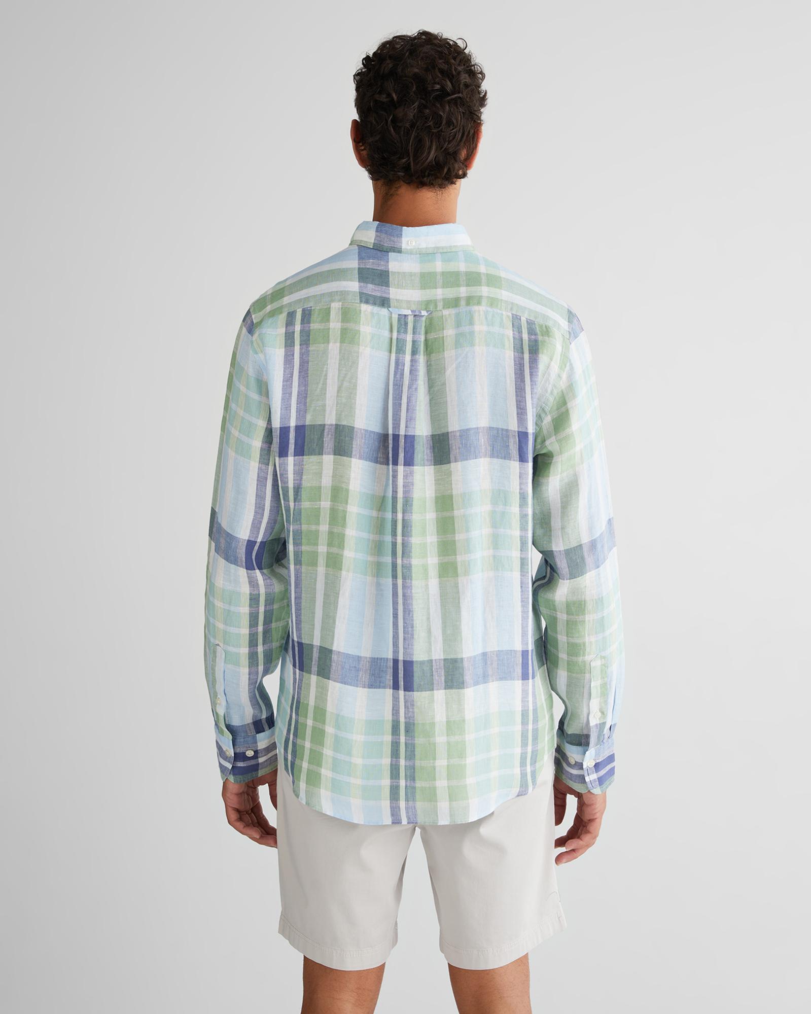 GANT Erkek Yeşil Regular Fit Düğmeli Yaka Kareli Keten Gömlek