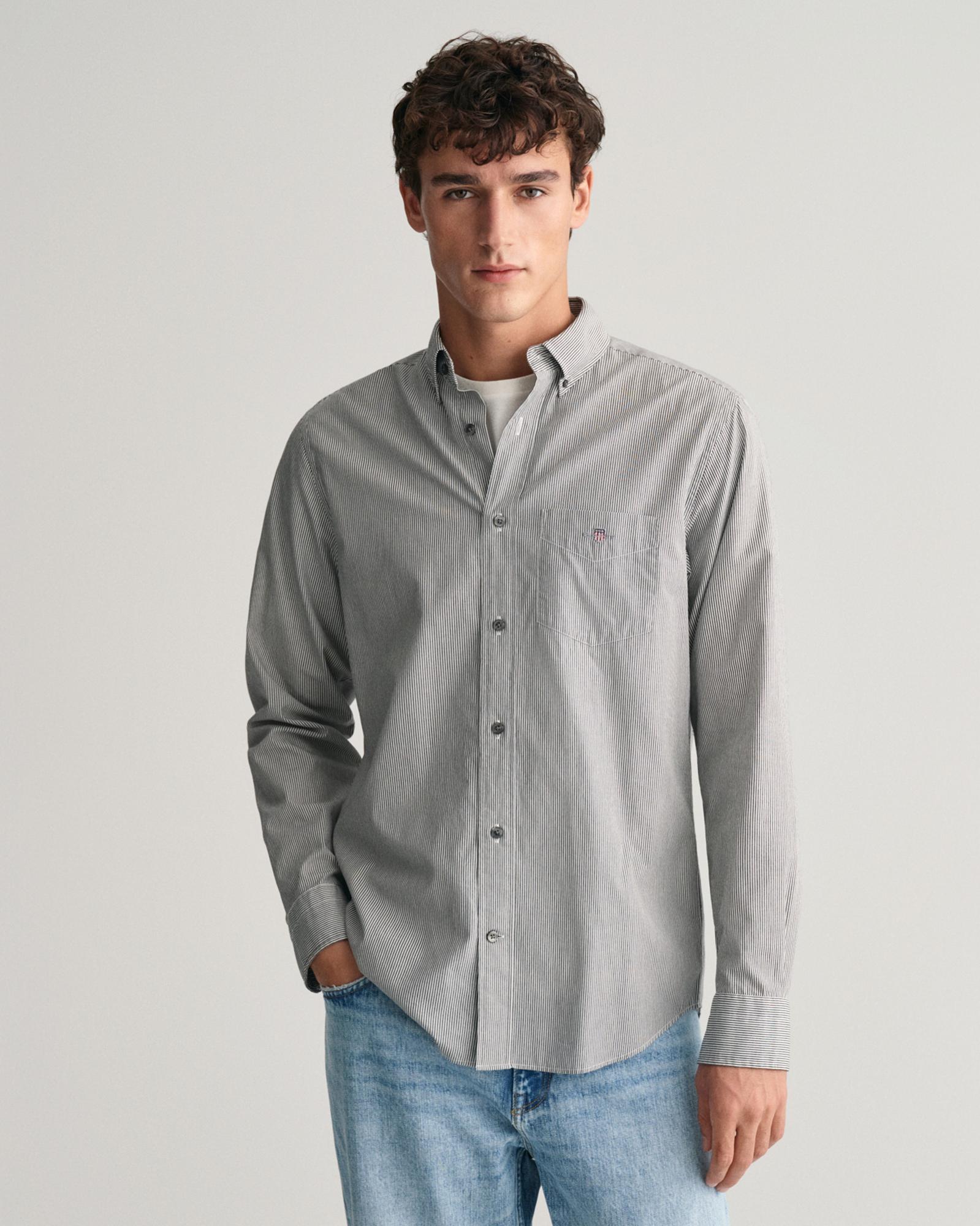 GANT Erkek Siyah Regular Fit Düğmeli Yaka Çizgili Gömlek
