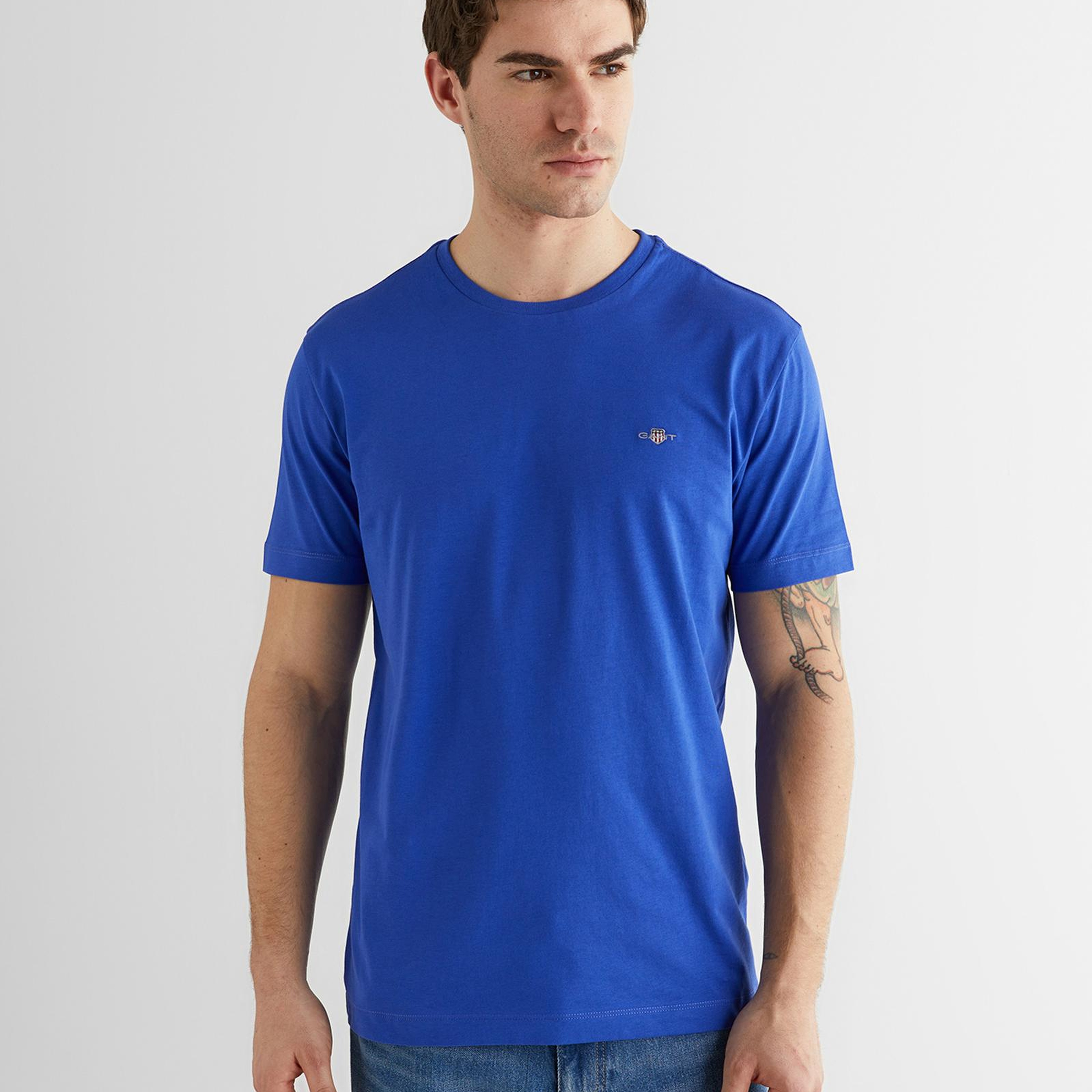 GANT Erkek Mavi Bisiklet Yaka Regular Fit Logolu T-Shirt