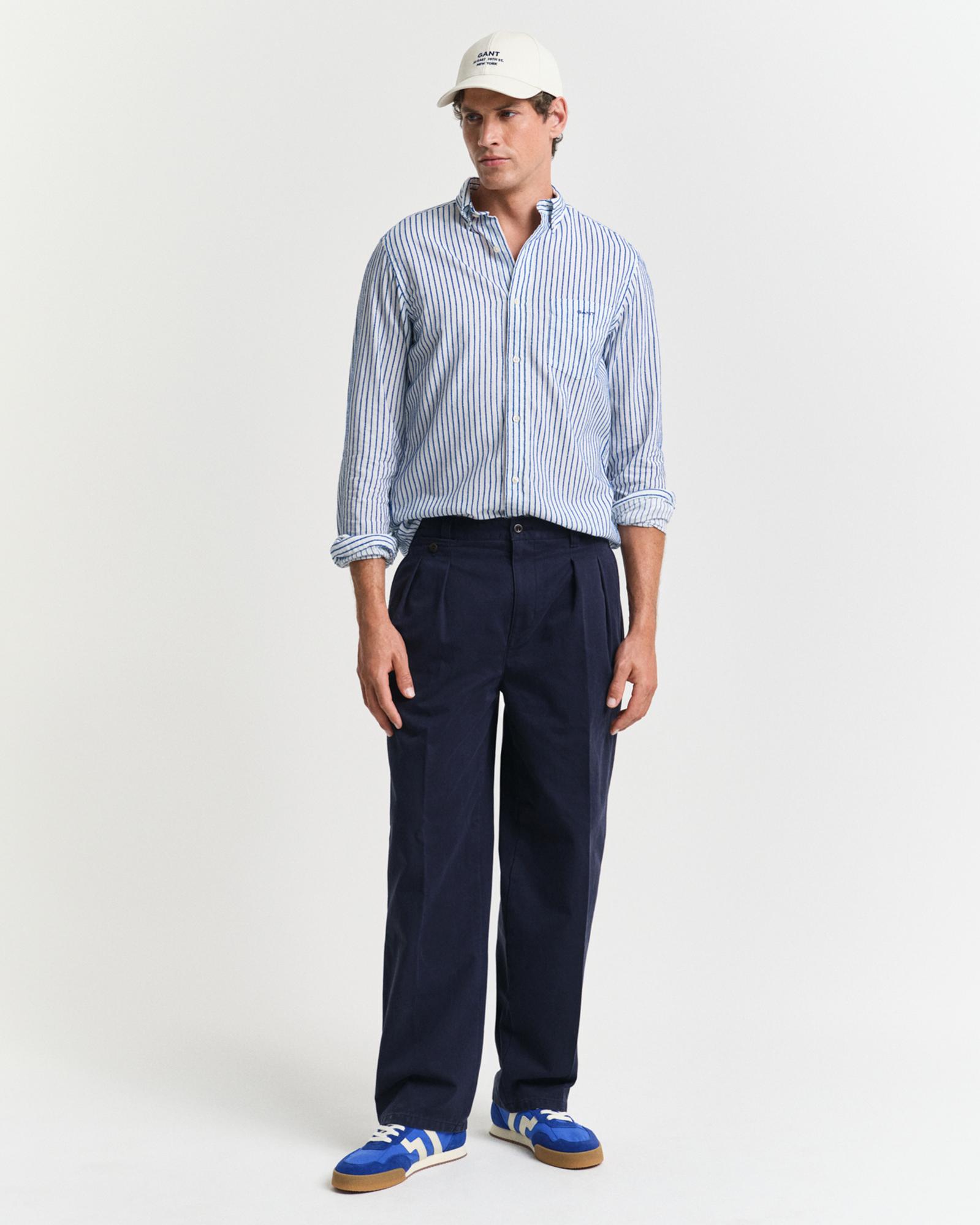 GANT Erkek Lacivert Regular Fit Düğmeli Yaka Çizgili Gömlek