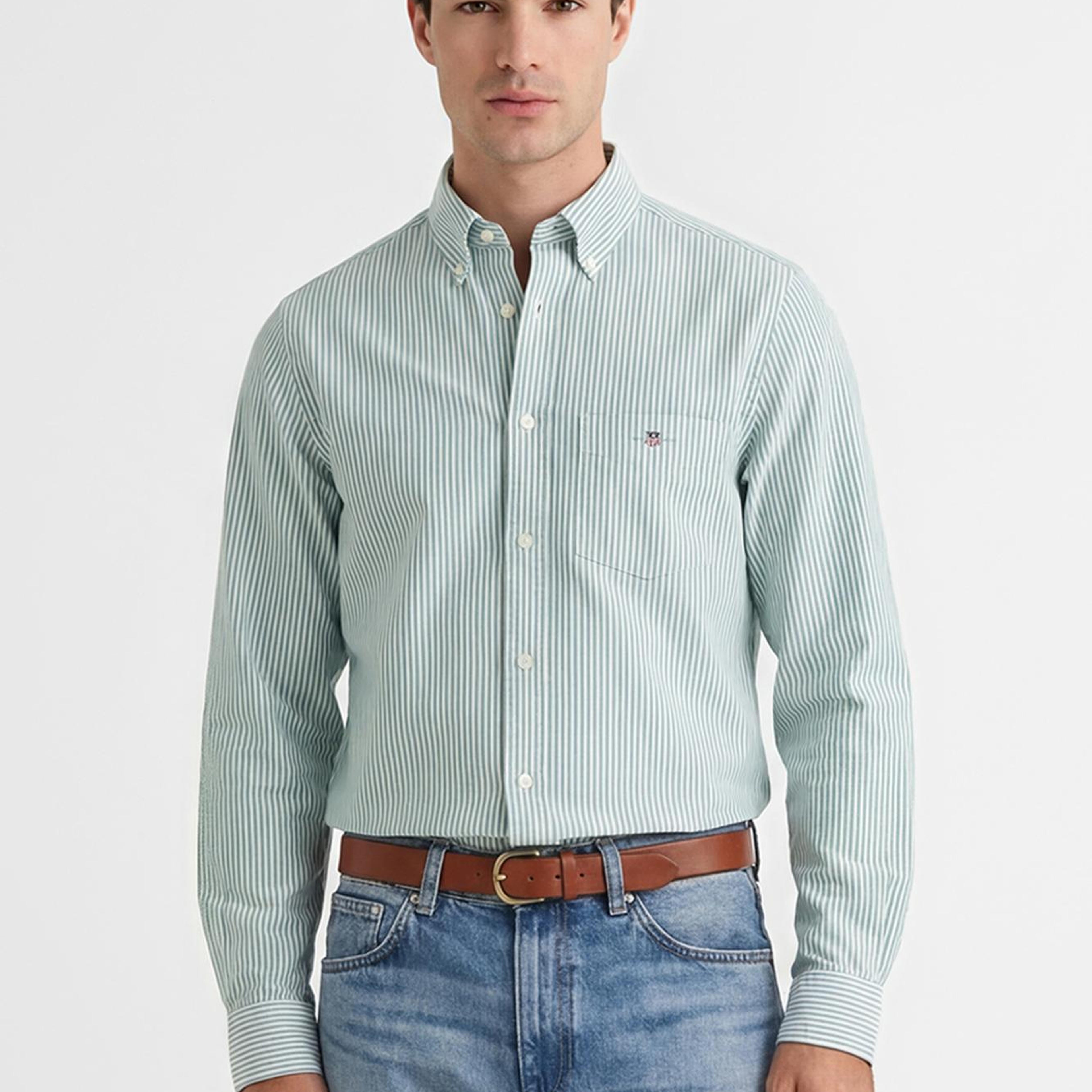 GANT Erkek Yeşil Regular Fit Çizgili Logolu Gömlek