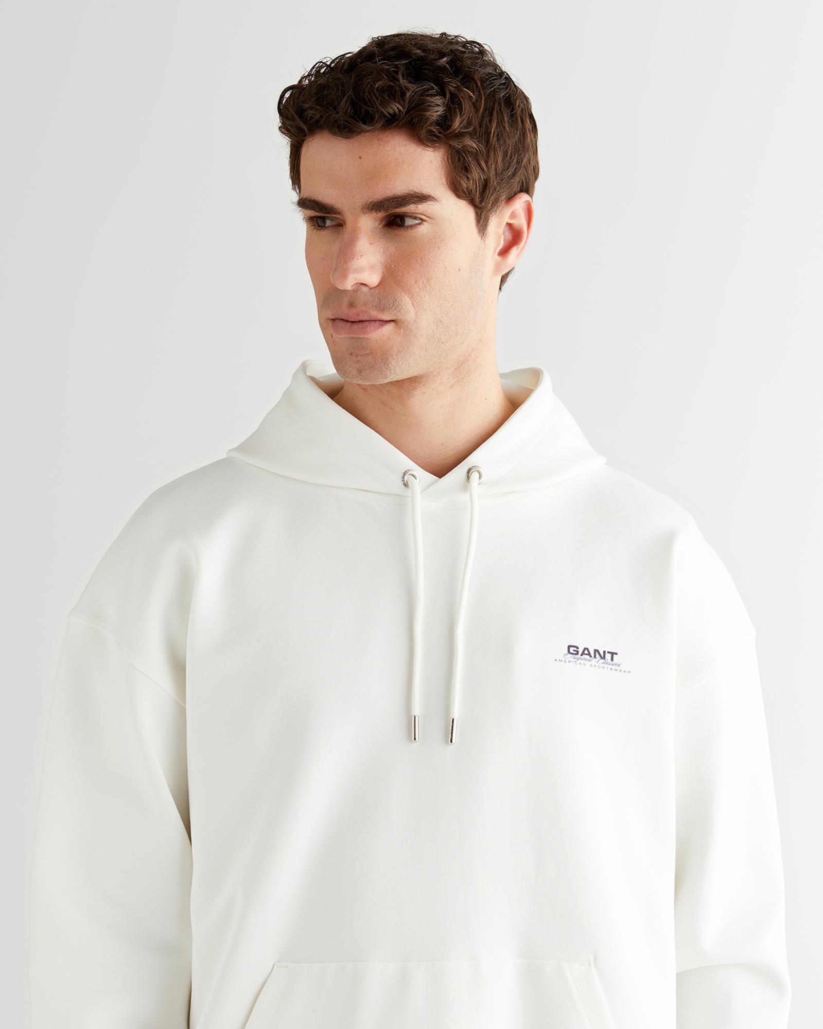 GANT Erkek Beyaz Regular Fit Kapüşonlu Sweatshirt