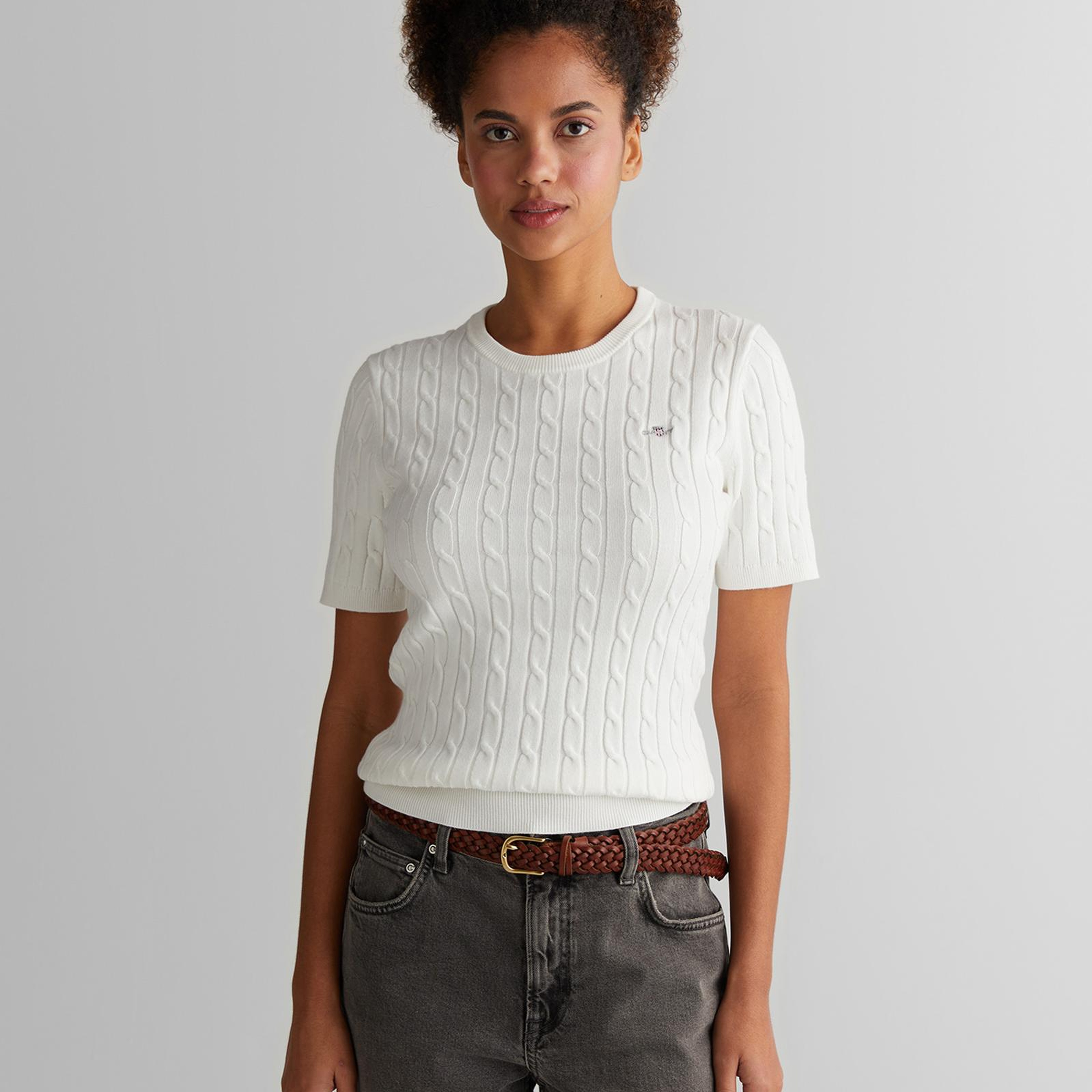 GANT Kadın Beyaz Slim Fit Bisiklet Yaka Kısa Kollu Kazak