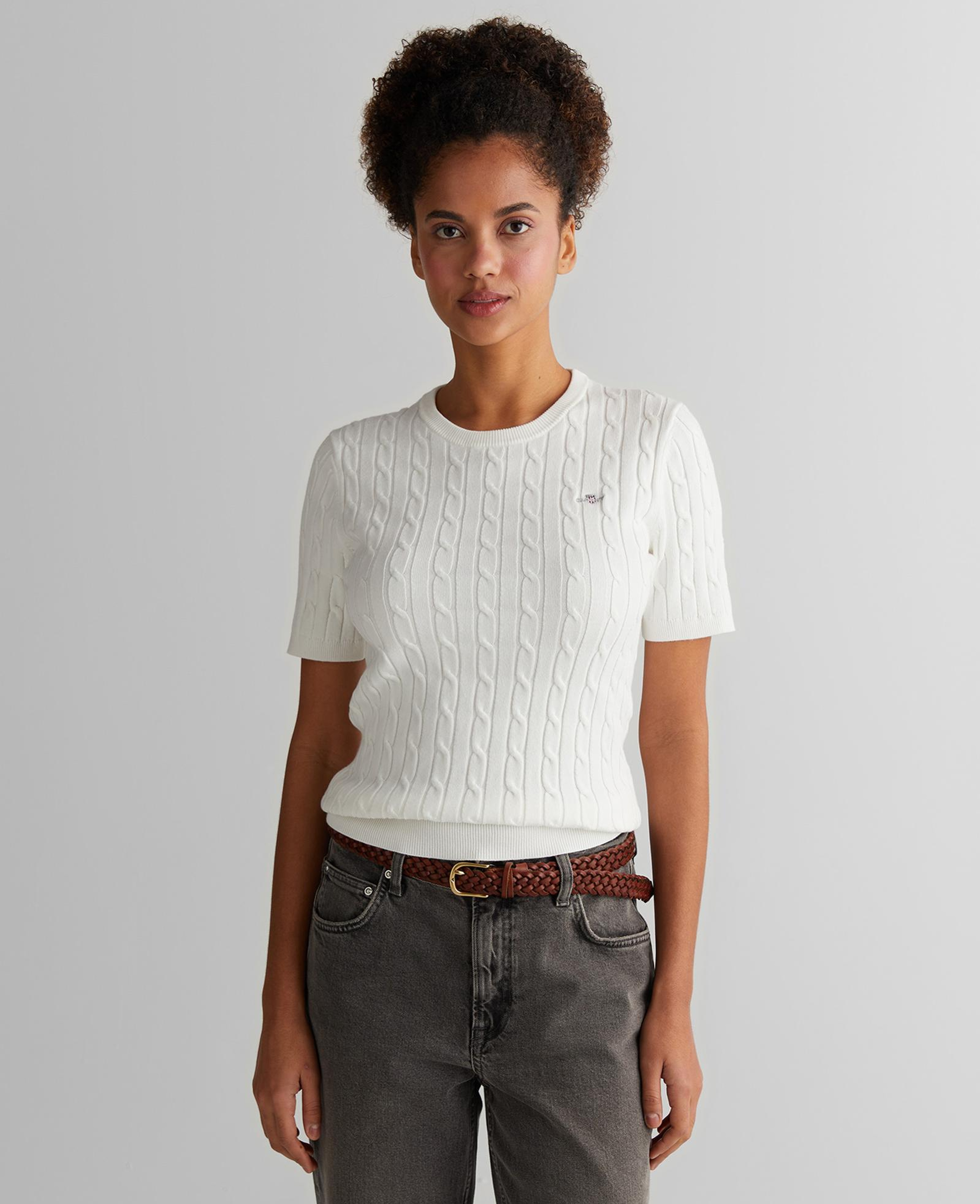 GANT Kadın Beyaz Slim Fit Bisiklet Yaka Kısa Kollu Kazak
