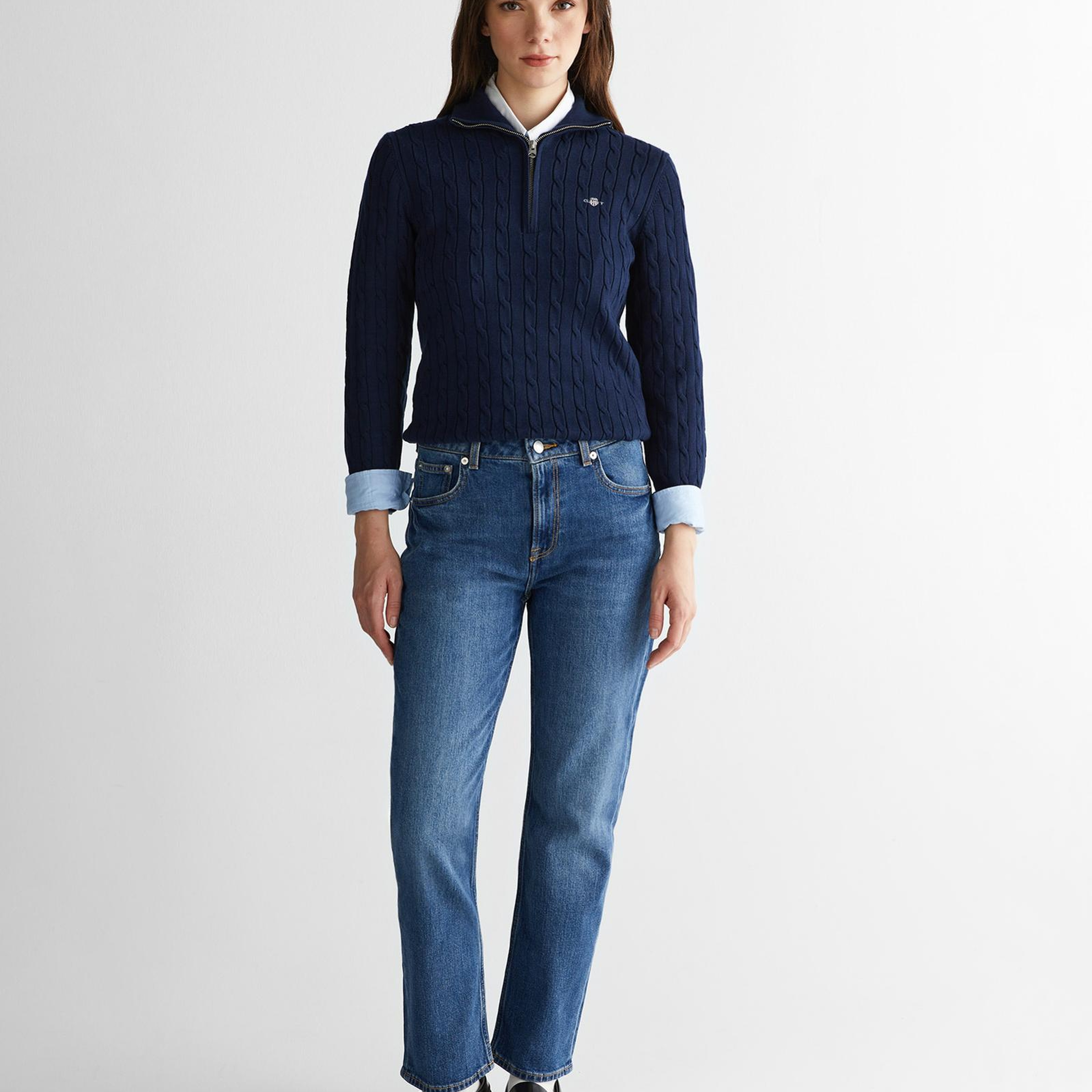 GANT Kadın Lacivert Regular Fit Yarım Fermuarlı Triko