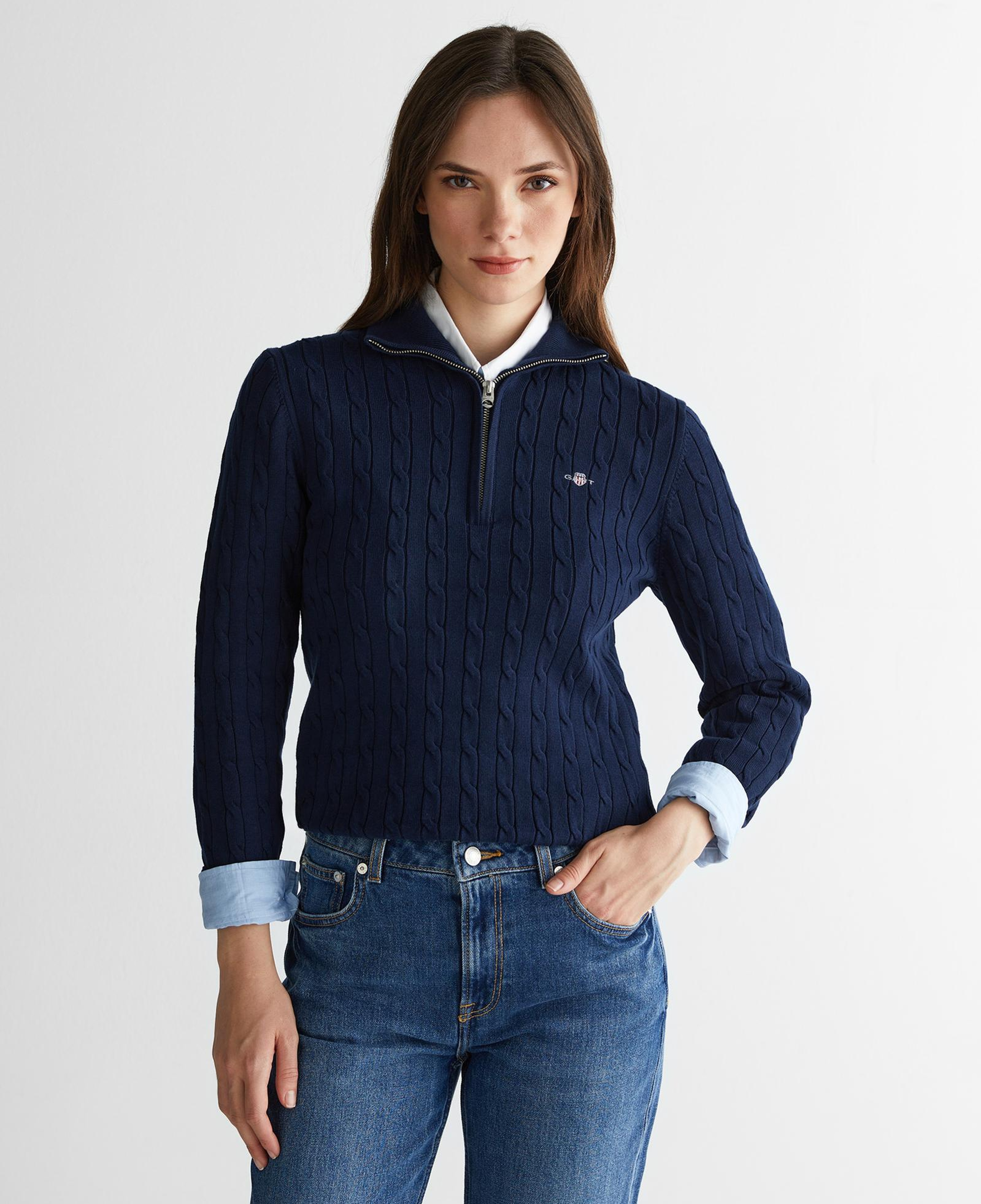 GANT Kadın Lacivert Regular Fit Yarım Fermuarlı Triko