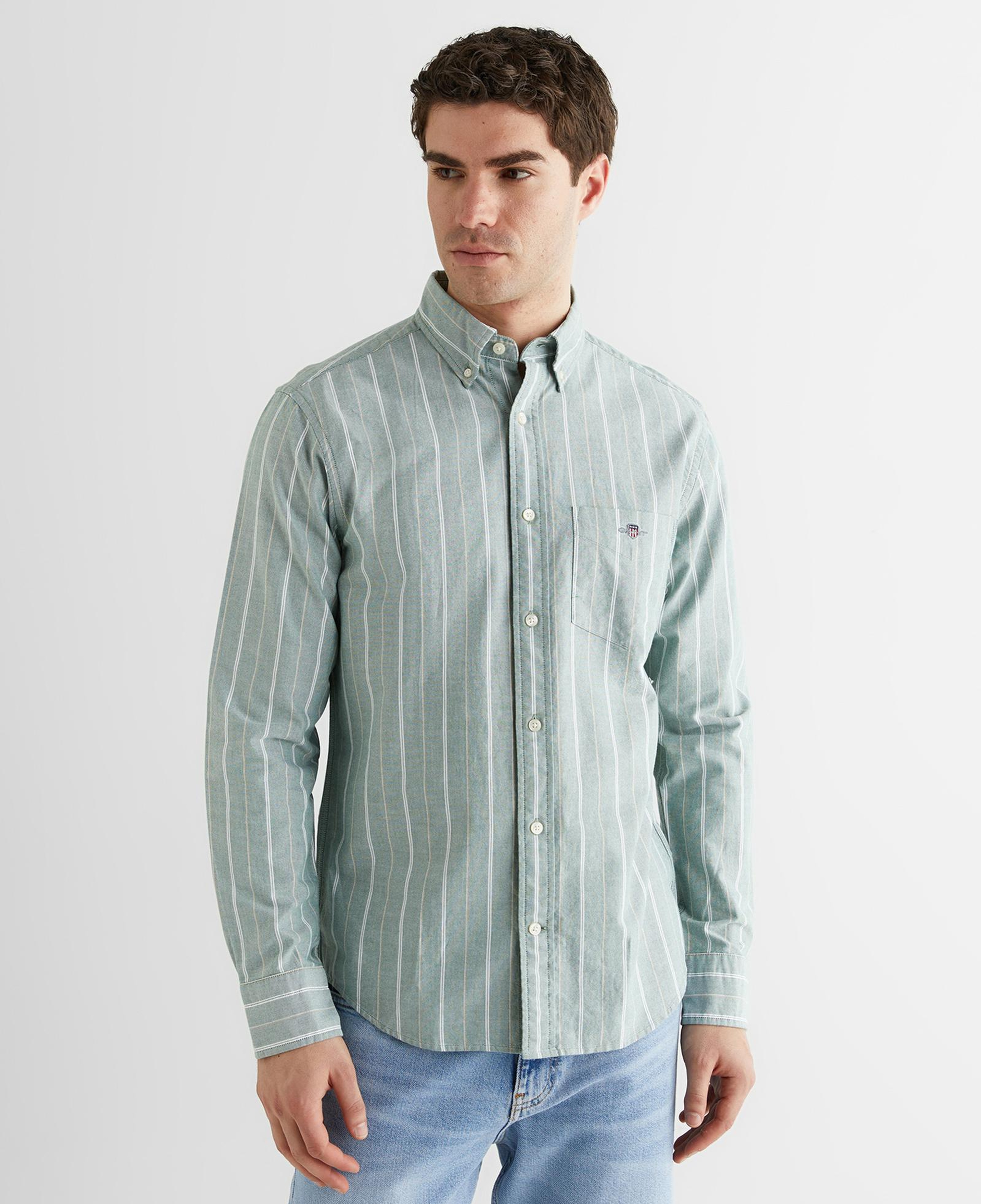 GANT Erkek Yeşil Regular Fit Düğmeli Yaka Çizgili Oxford Gömlek