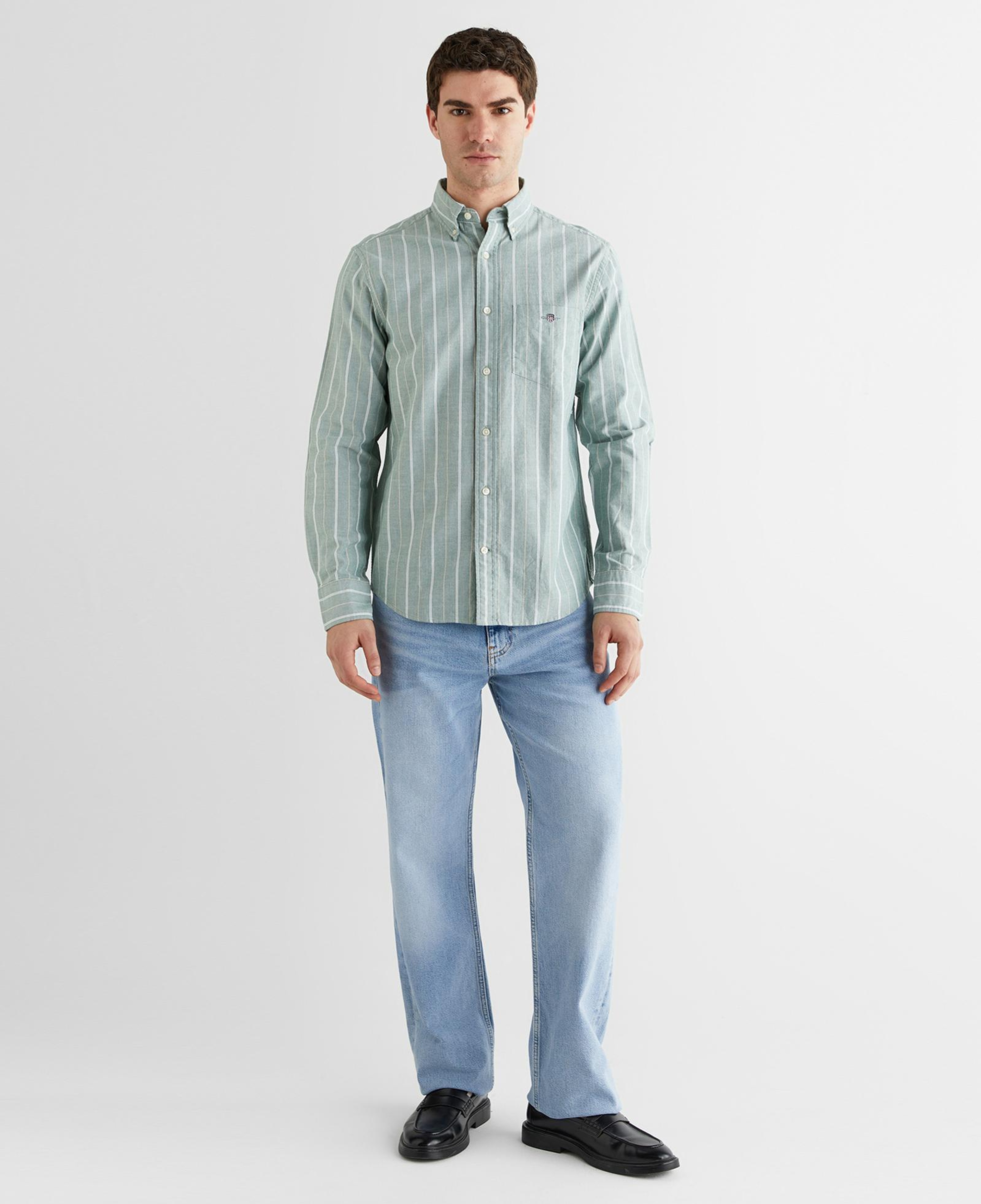 GANT Erkek Yeşil Regular Fit Düğmeli Yaka Çizgili Oxford Gömlek