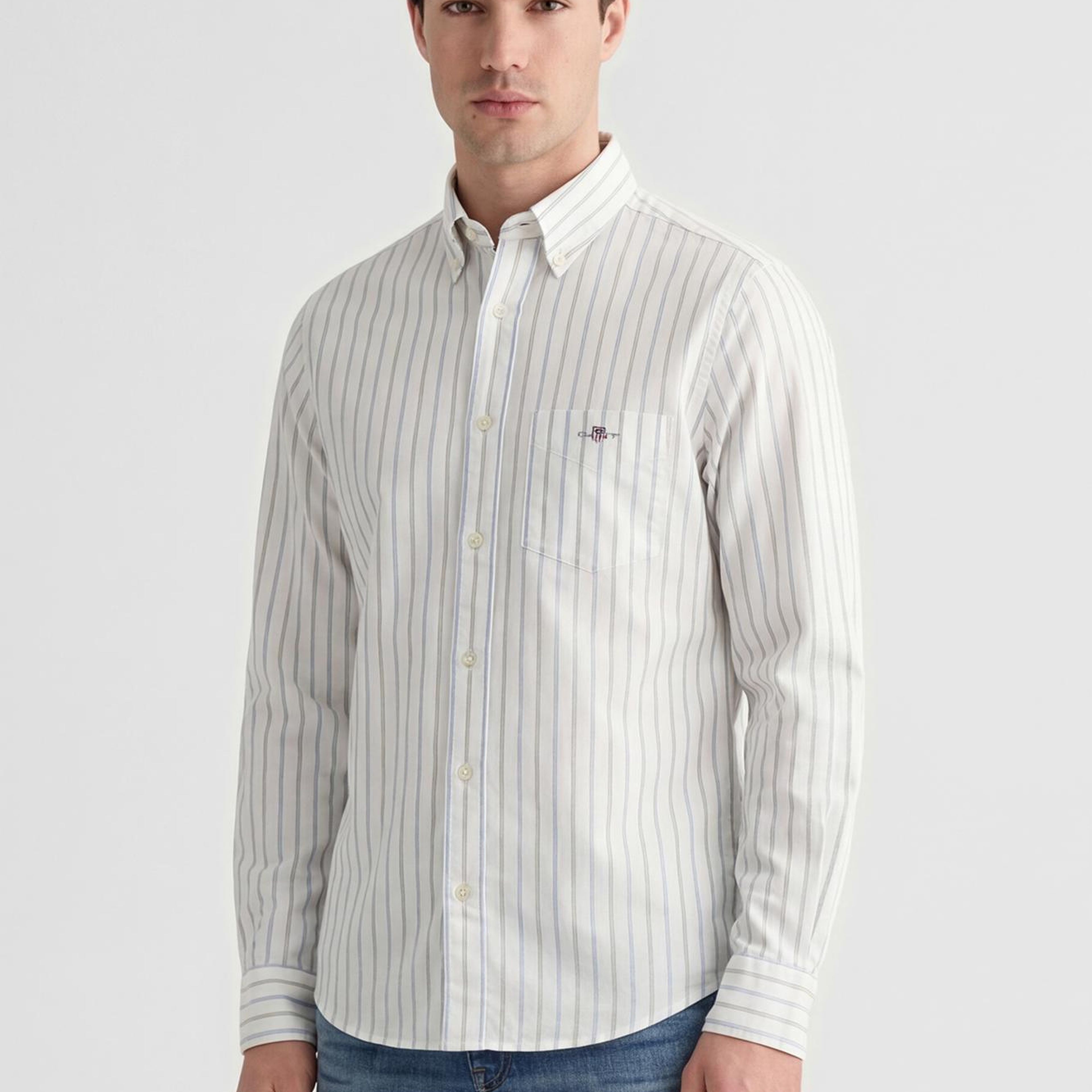 GANT Erkek Beyaz Regular Fit Çizgili Logolu Gömlek