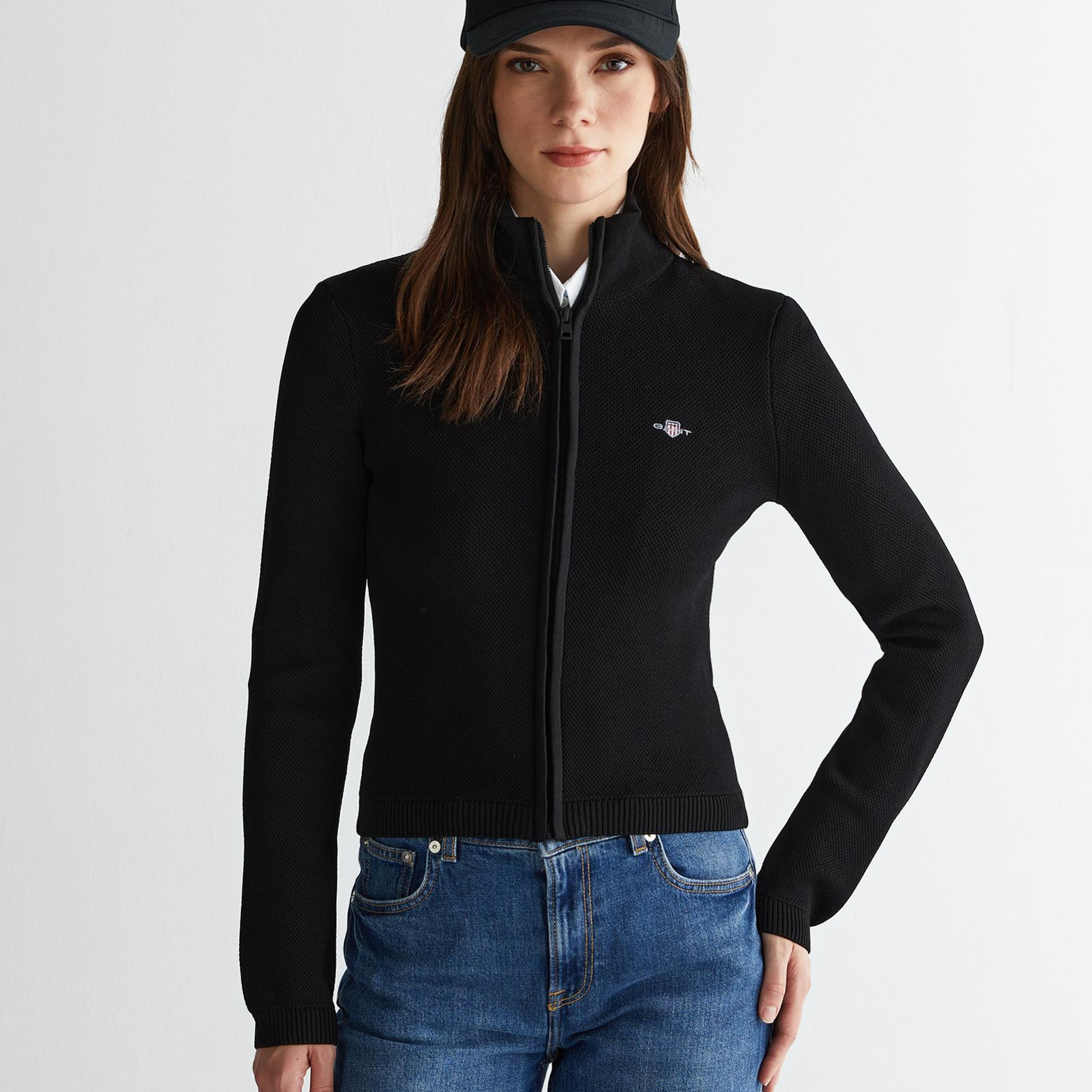 GANT Kadın Siyah Standart Fit Fermuarlı Triko