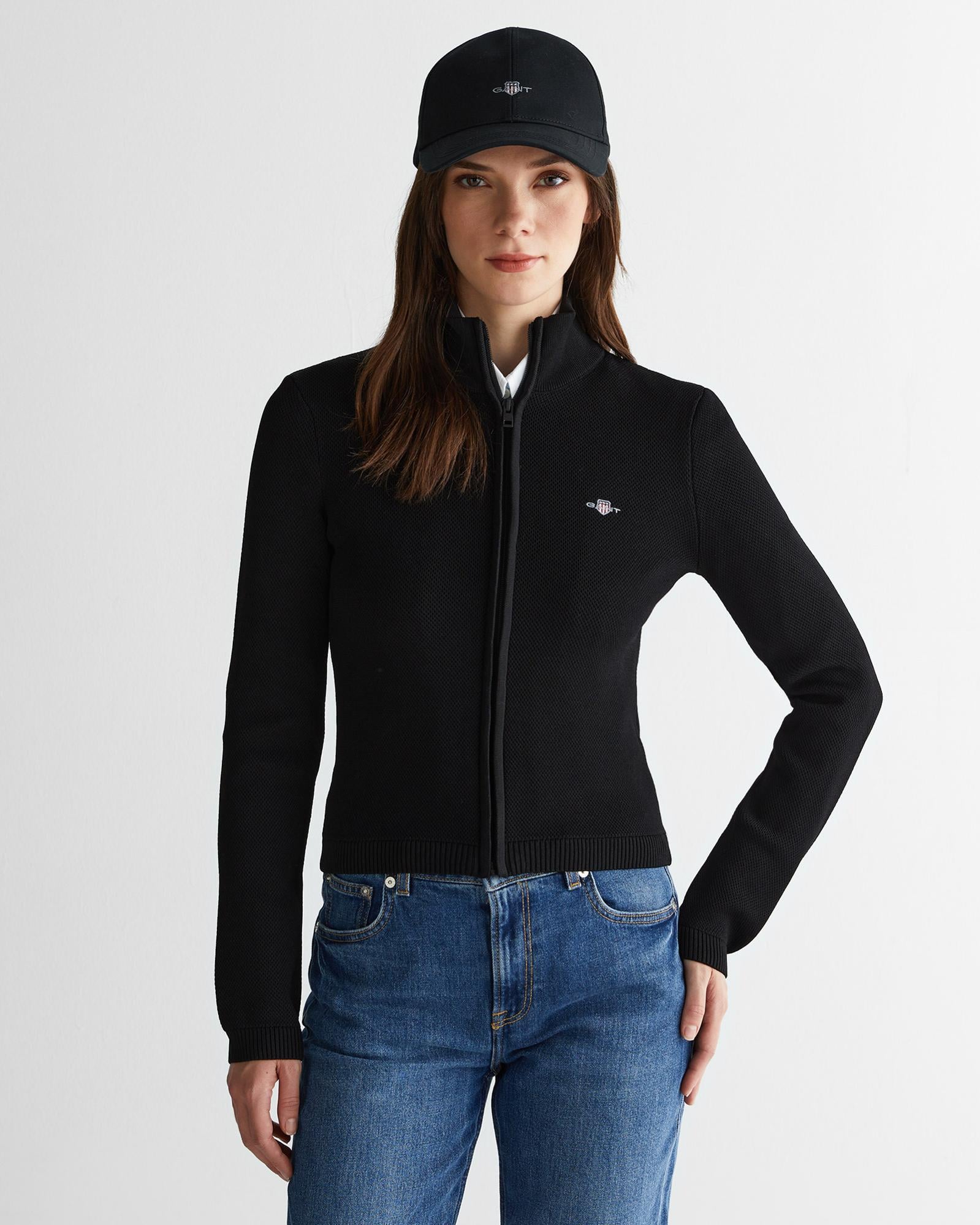 GANT Kadın Siyah Standart Fit Fermuarlı Triko