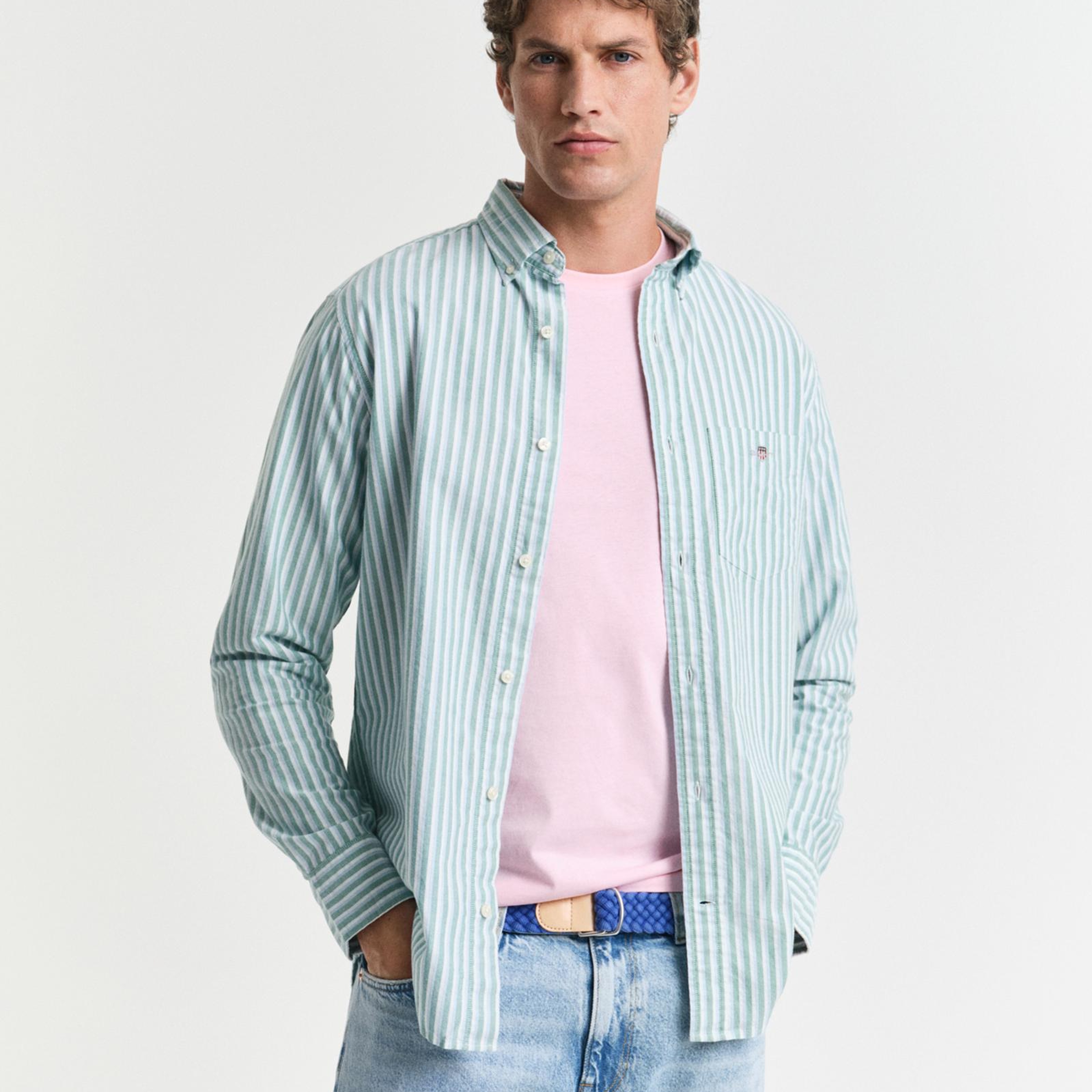 GANT Erkek Yeşil Regular Fit Çizgili Logolu Gömlek