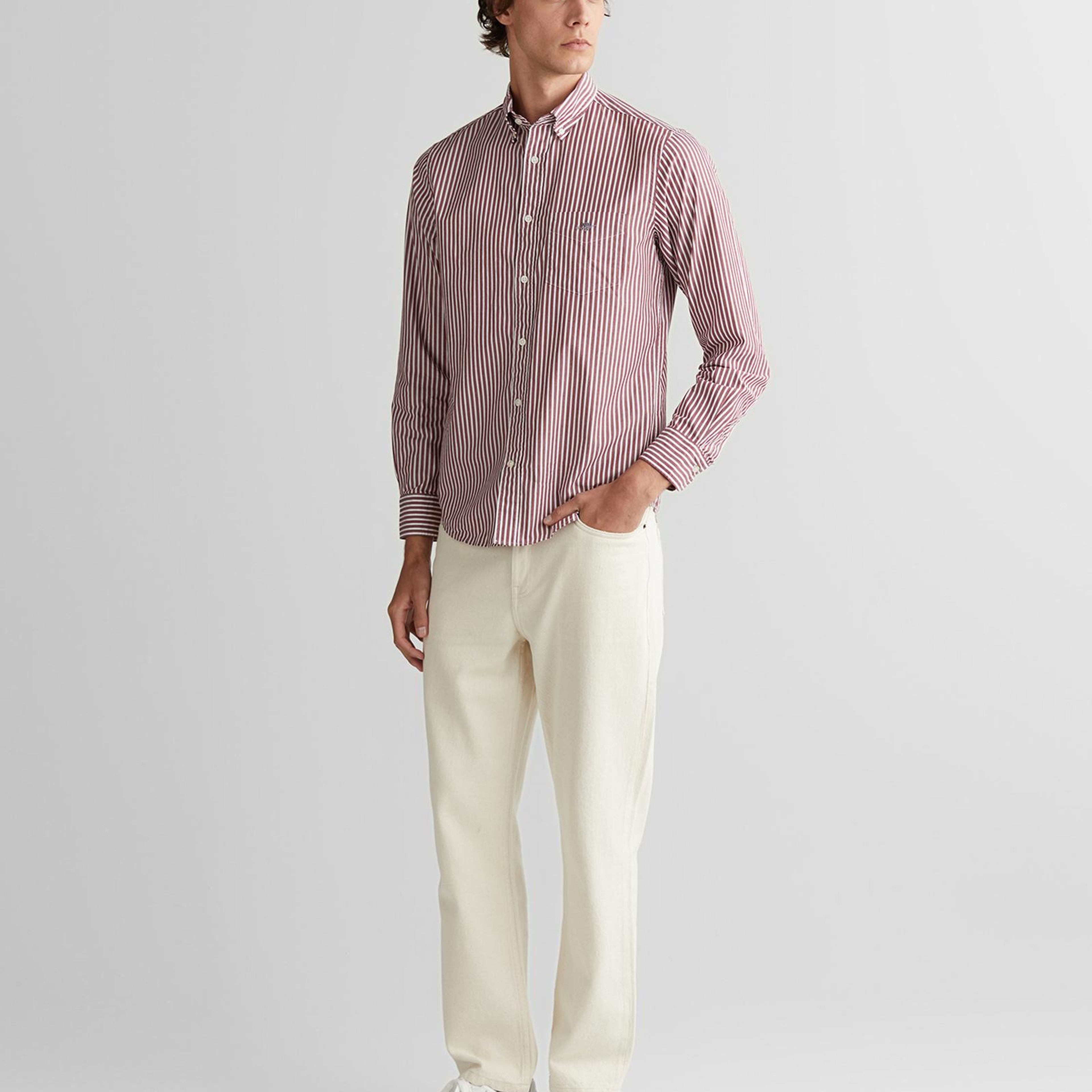 GANT Erkek Bordo Regular Fit Düğmeli Yaka Çizgili Poplin Gömlek